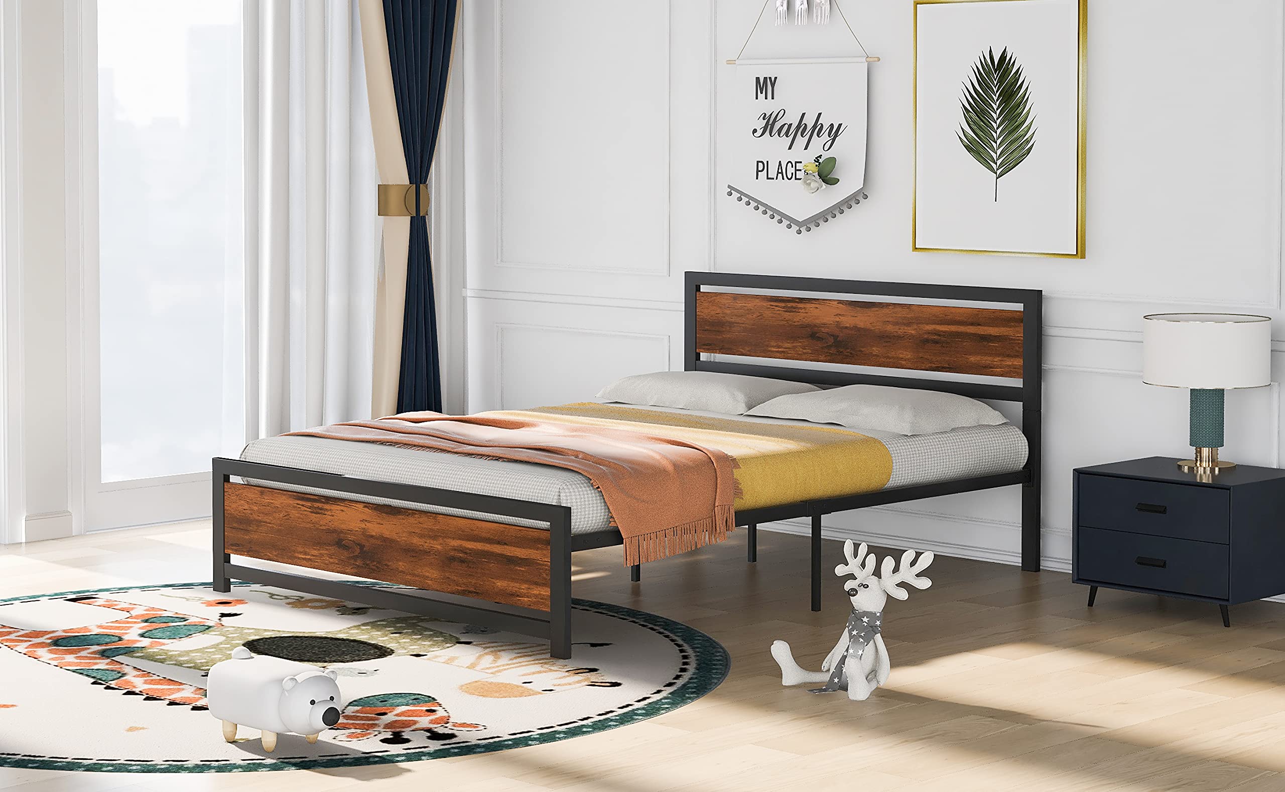 Queen Size Metal Bed Frame with Storage - Sturdy Platform Bed with Headboard & Footboard, 14.7