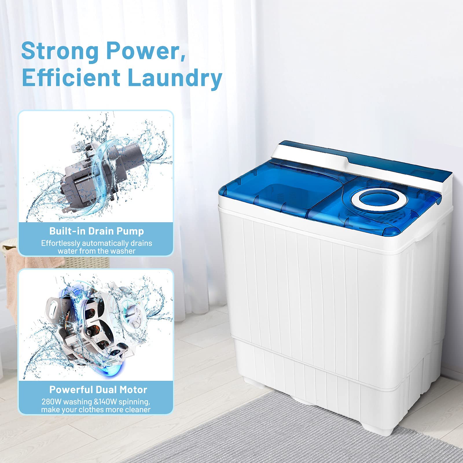 FP10355-BL Portable Washing Machine Compact & Energy Efficient - Perfect for Apartments, RVs, Camping & Small Spaces (Blue)