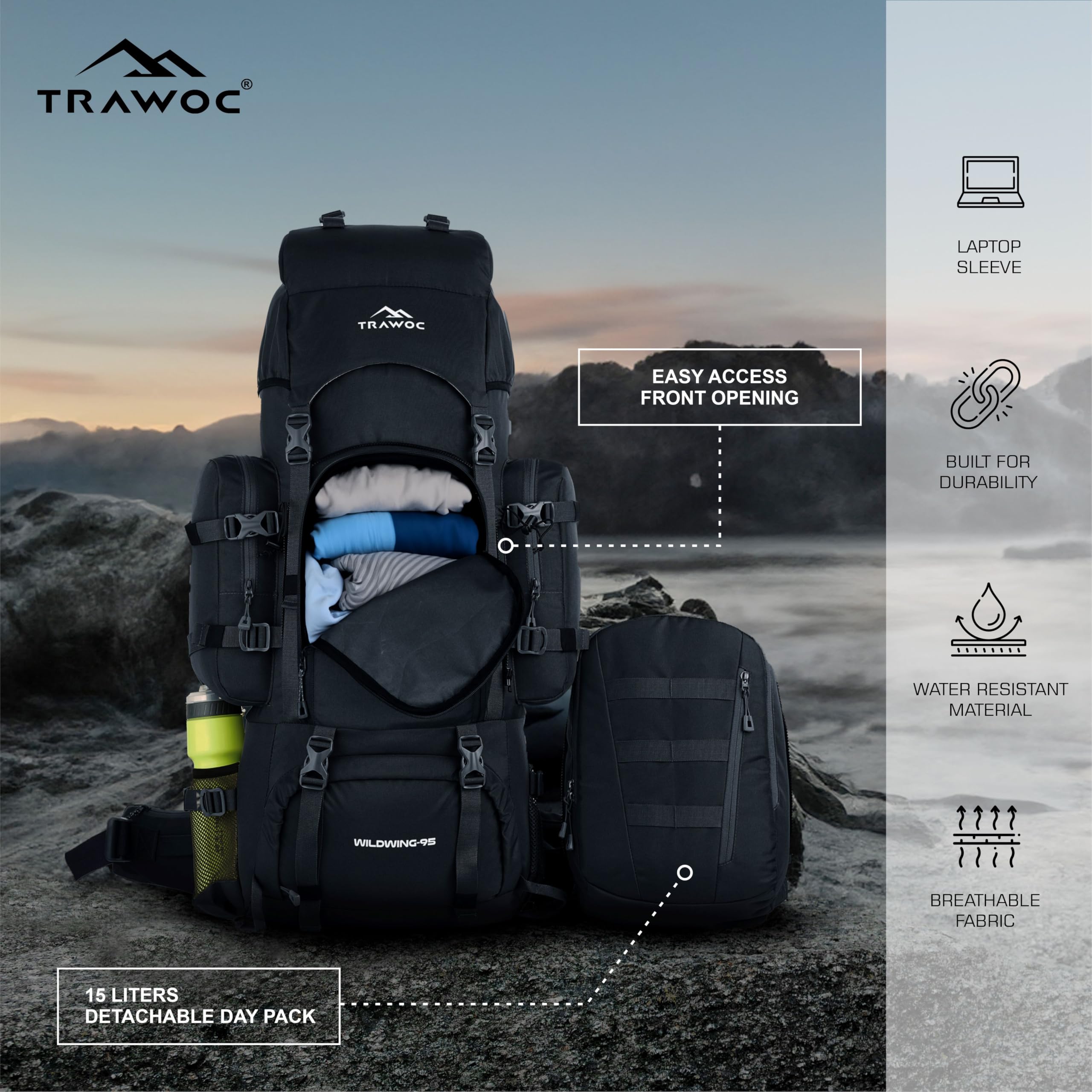 WILDWING 95L Internal Frame Travel Backpack with Detachable Daypack - Lightweight Hiking Backpack for Camping, Trekking & Outdoor Adventures - Durable Men & Women Backpack (Black) - Perfect for Long Trips, Backpacking & Travel Gear