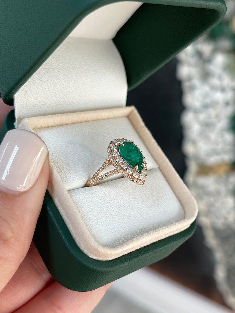 2.52tcw 18K Rose Gold AAA Dark Green Pear Cut Emerald & Double Diamond Halo Engagement Ring for Women - Perfect for Proposals, Anniversaries & Special Occasions