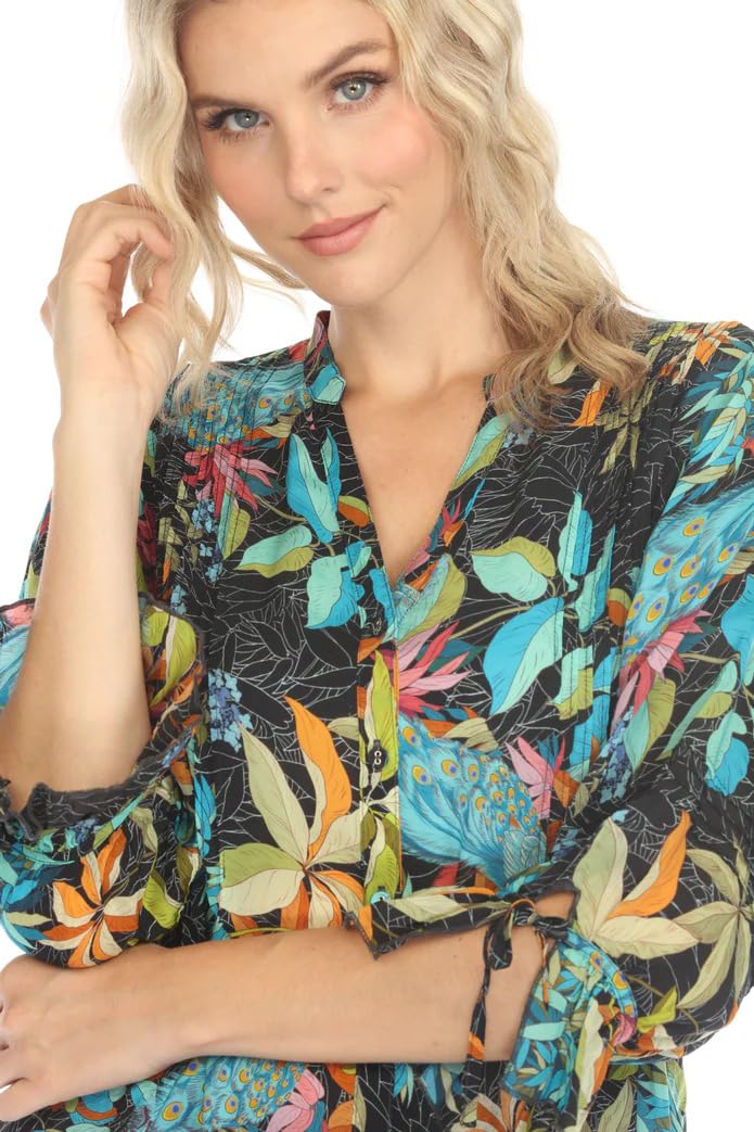 Johnny Was Vacanza Blouse - Floral Peacock Print Deep Black Button Up Shirt Top for Women, Small | Boho Chic Style for Casual Wear, Date Nights & Summer Outfits