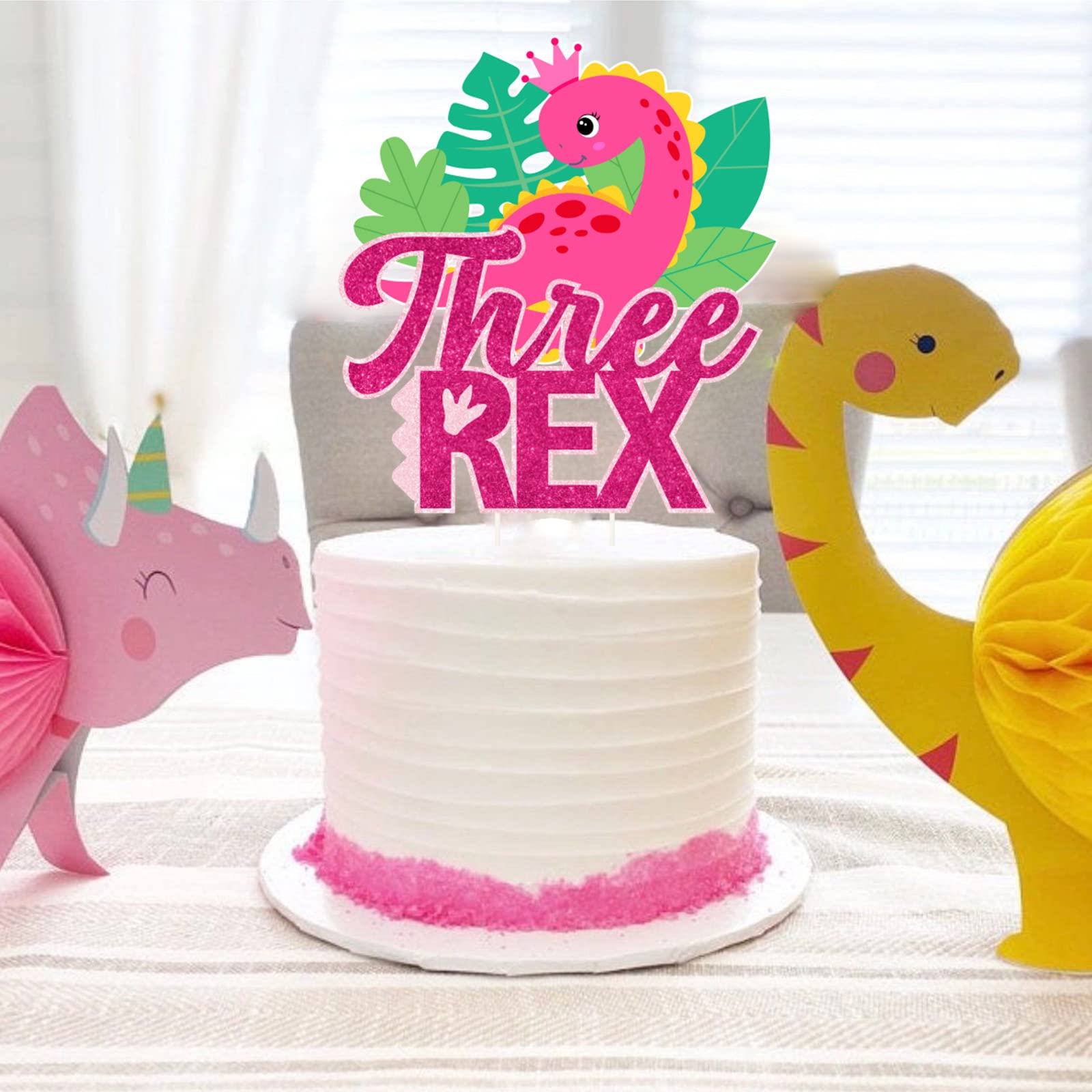 Dinosaur Cake Topper Pink - 3D Rex Dinosaur Birthday Cake Decor for 3 Year Old Party, Baby Shower, Dino Theme Celebration