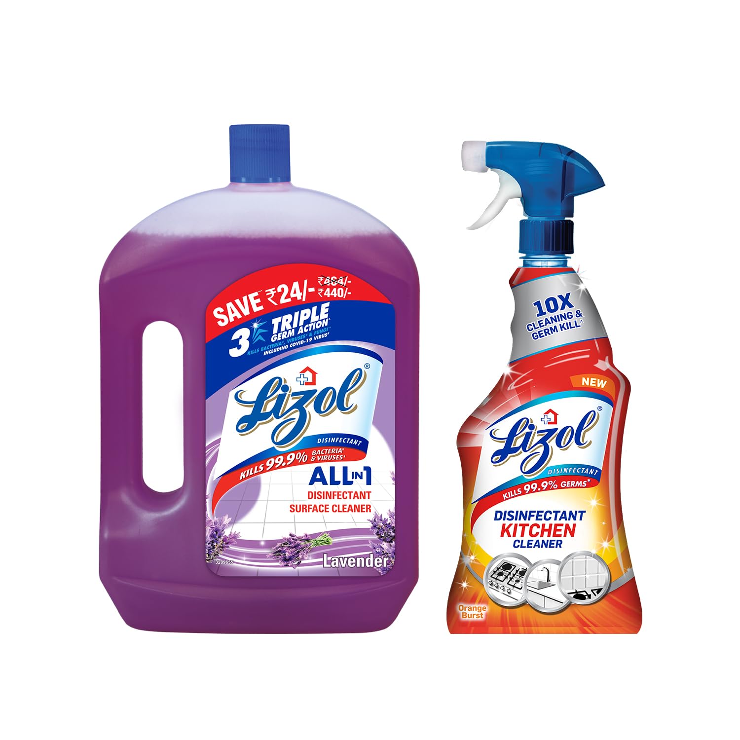 Lizol Disinfectant Surface & Floor Cleaner Liquid, Lavender Scent - 2 Litre (67.6 oz) | Kills 99.9% Germs | All-Purpose Household Cleaning | Ideal for Floors, Tiles & Bathrooms  Lizol Kitchen Cleaner Spray - 450 ml (15.2 oz) | Degreasing Formula | Removes Stubborn Stains & Odors | Perfect for Countertops, Stoves & Appliances