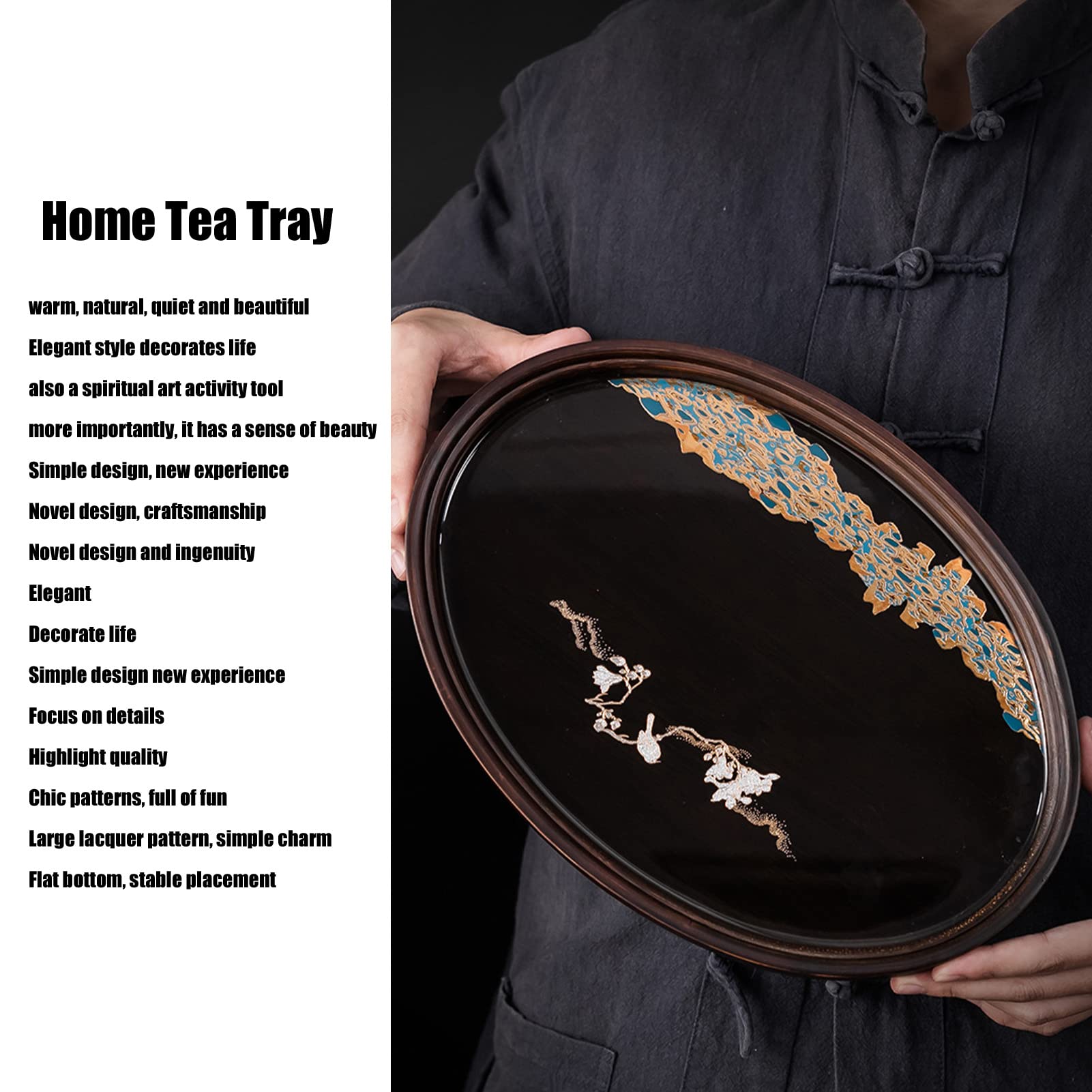 Premium Japanese Style Bamboo Tea Tray - Handcrafted Resin & Walnut Serving Tray for Coffee, Tea & Snacks - Elegant Oval Large Food Tray for Home, Office & Zen Decor - Perfect for Tea Ceremonies, Entertaining Guests & Asian-Inspired Dining