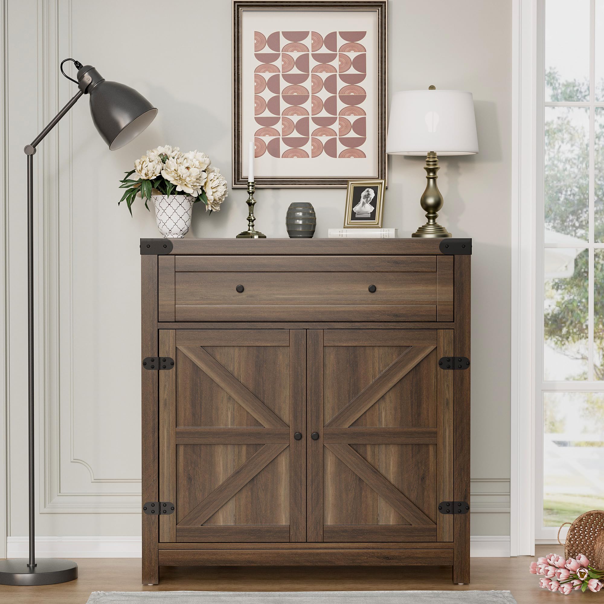 Flamaker Rustic Sideboard Buffet Cabinet with Storage - Farmhouse Coffee Bar Cabinet with 1 Drawer & 2 Barn Doors - Kitchen, Dining Room, Entryway Storage Solution - Perfect for Entertaining, Displaying Decor & Organizing Dishes (Brown)