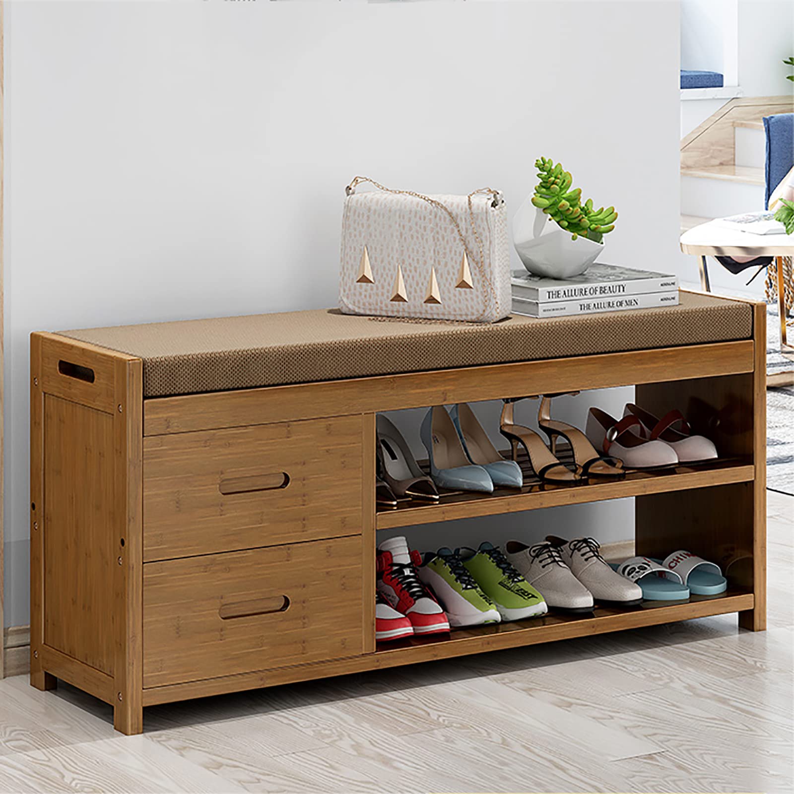 Rustic Entryway Shoe Storage Bench with Padded Seat - Bamboo Shoe Rack Organizer for Living Room, Closet & Farmhouse Decor - 40x11x18 Inches (102x29x46cm) - Perfect for Small Spaces & Entryway Organization