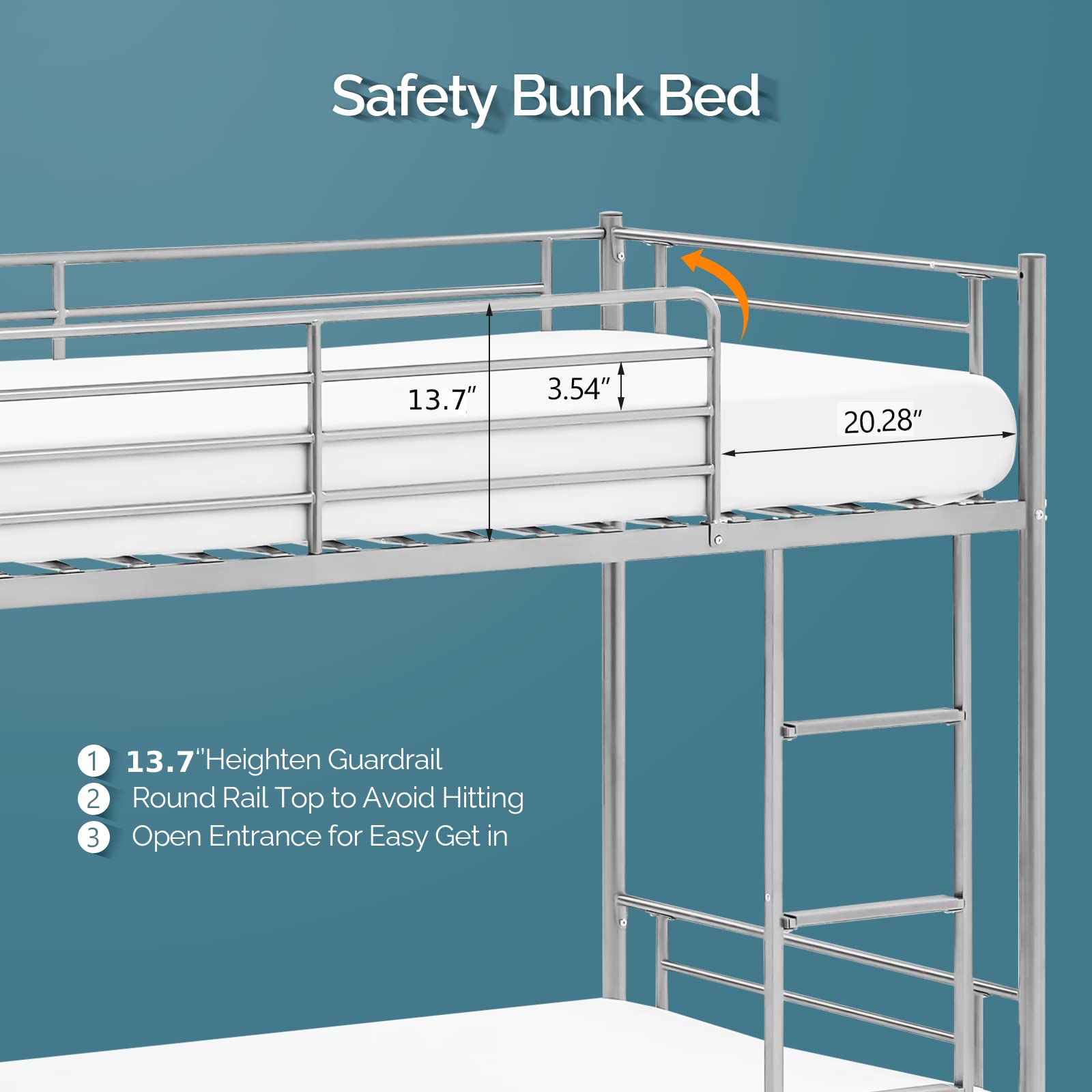 VINGLI Twin Over Twin Metal Bunk Bed - Heavy Duty Steel Frame with Flat Steps for Kids, Teens & Adults - Space Saving Gray Bunk Bed for Small Rooms, Dorms & Guest Rooms