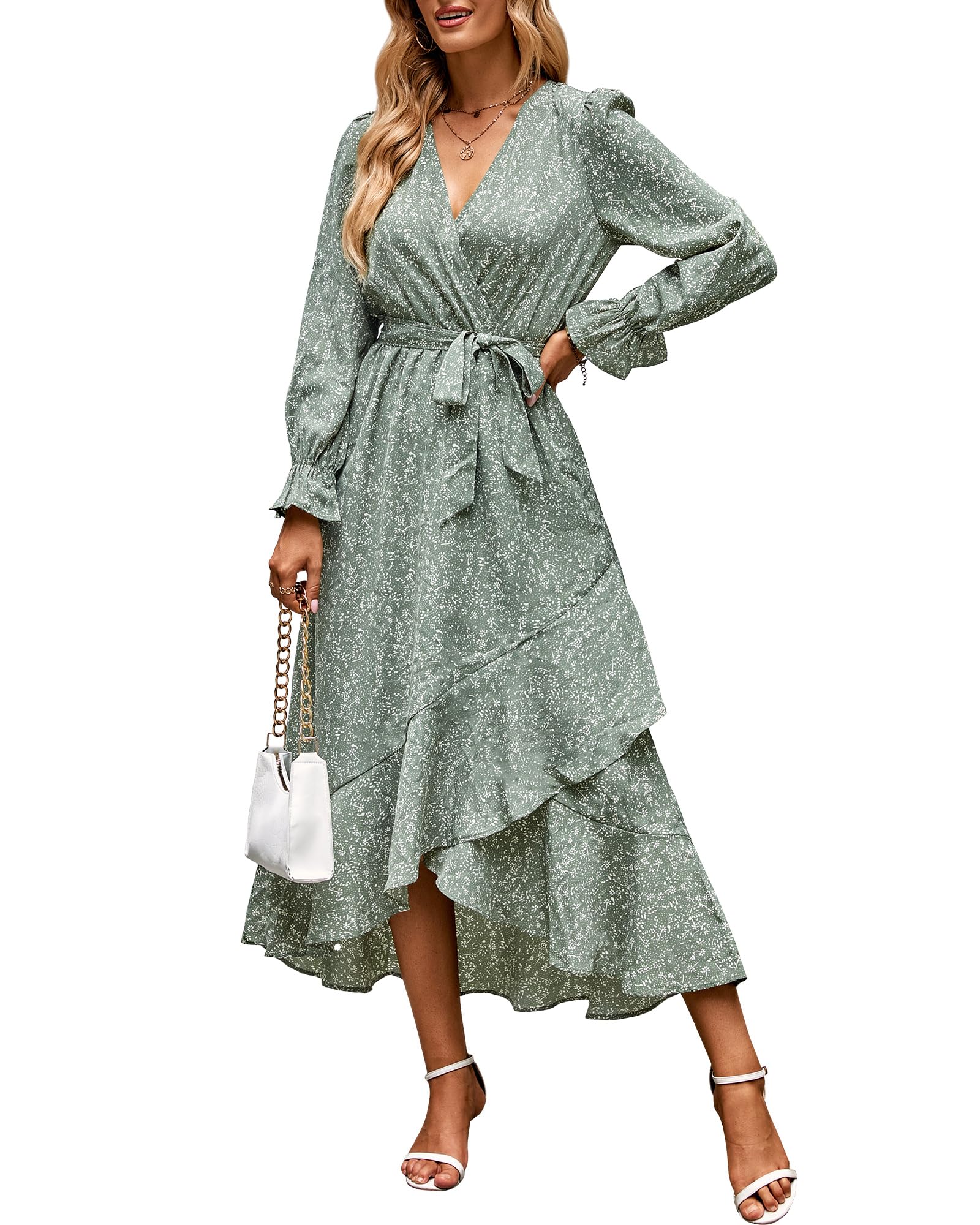 BTFBM Women's Floral V-Neck Long Sleeve Boho Dress - High Waist Ruffle Summer Wedding Guest Dress for Spring/Summer 2025 | Perfect for Garden Parties, Bridal Showers & Formal Events