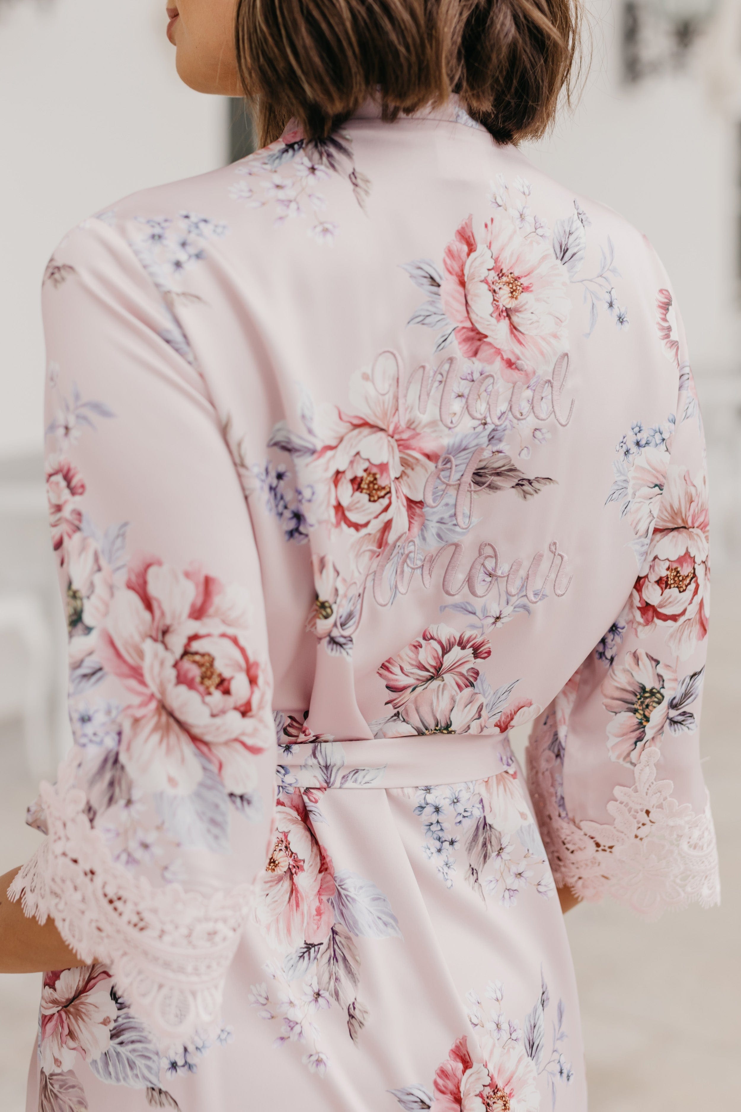 Serena Veiled Rose Printed Lace Trim Satin Robe - Elegant Bridal Lingerie & Boudoir Dress for Wedding Night, Honeymoon & Romantic Occasions