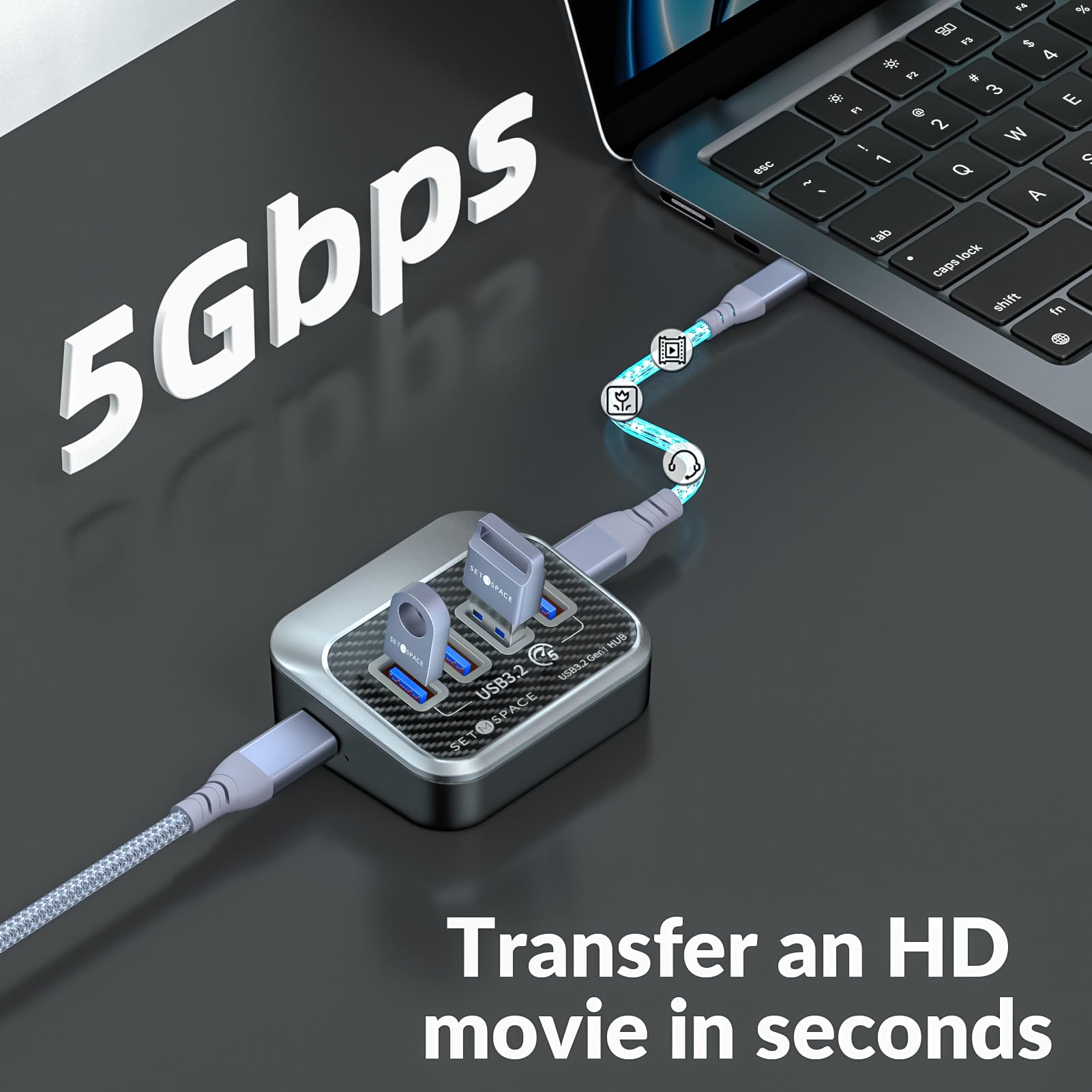 SETMSPACE USB 3.0 Hub 5Gbps - 2-in-1 Cable for Laptop, PC, MacBook - Home & Office Use