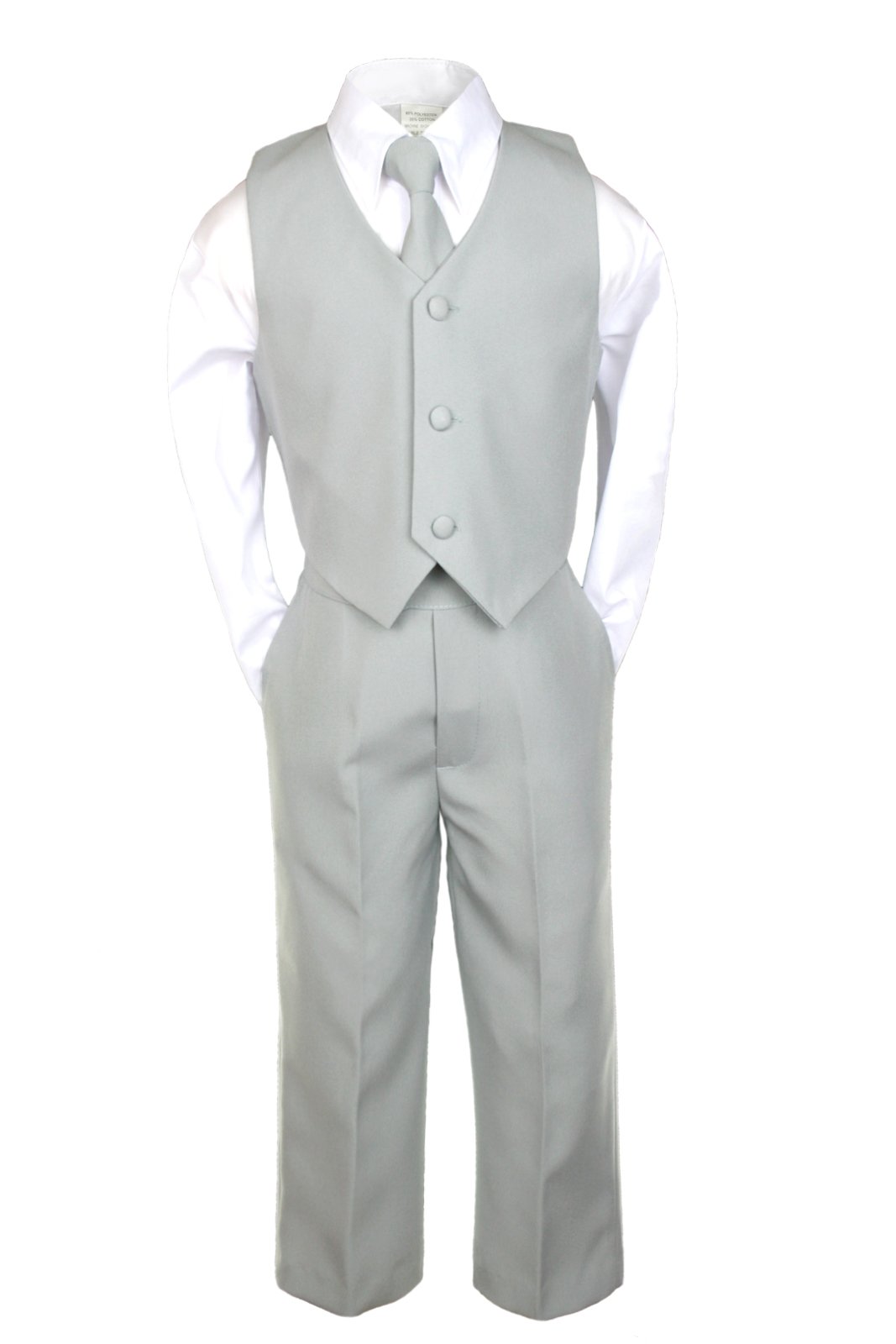 6-Piece Boys' Gray Suit Set with Satin Turquoise Blue Necktie - Formal Outfits for Baby to Teen - Perfect for Weddings, Parties & Special Occasions