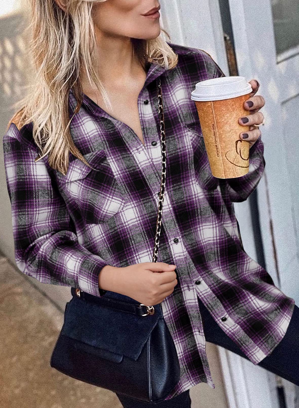 BTFBM Women's Plaid Flannel Shacket - Long Sleeve Button Down Casual Shirt Jacket for Fall & Spring | Loose Fit Blouse Top for Outdoor Activities, Work & Weekend Wear (2025 Fashion)