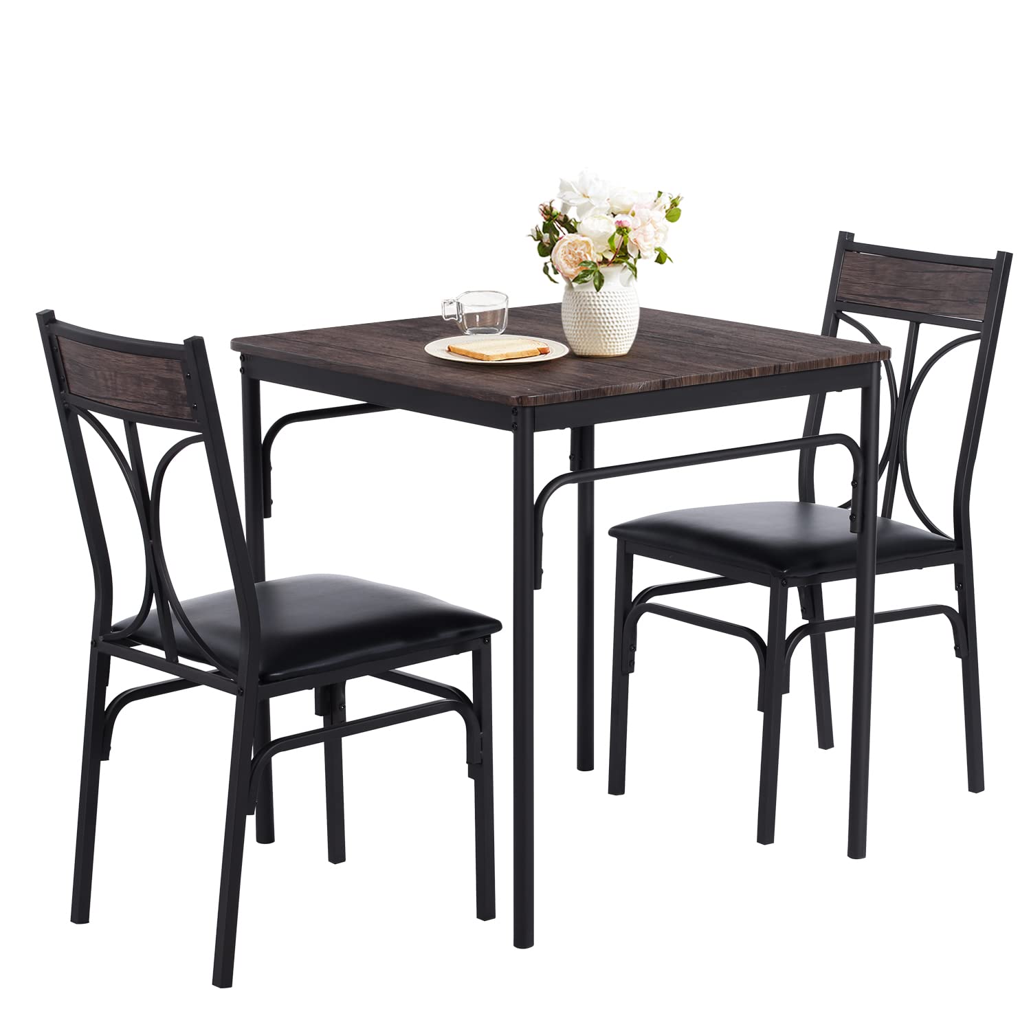 VECELO 3-Piece Dining Table Set with PU Padded Chairs - Compact Kitchen & Apartment Furniture for Small Spaces | Perfect for Breakfast Nook, Studio Apartments & Cozy Dining Areas