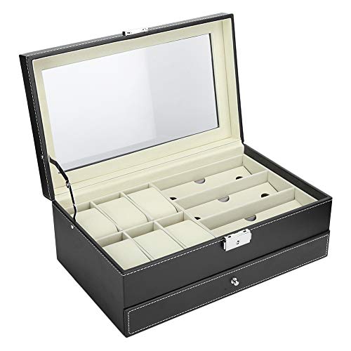 Premium PU Leather Watch Box & Jewelry Organizer - Multi-Functional Display Case with Lockable Drawer for Watches, Rings, Necklaces, Sunglasses & Smartphones | Perfect for Travel, Home Storage & Gift Giving