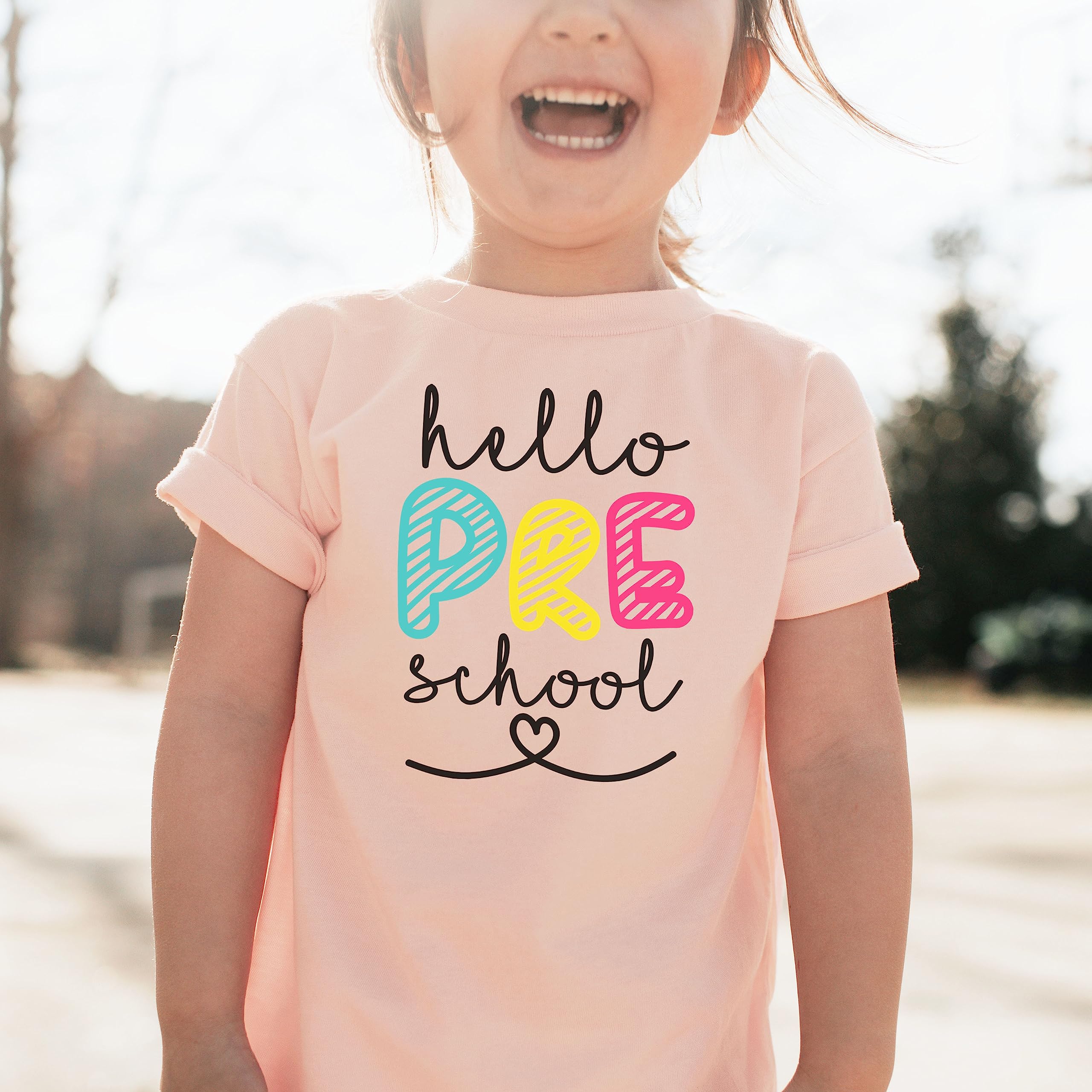 Olive Loves Apple Hello Preschool First Day of School T-Shirt - Cute Back to School Gift for Kids & Toddlers - Perfect for Preschool Graduation, Class Photos & School Events