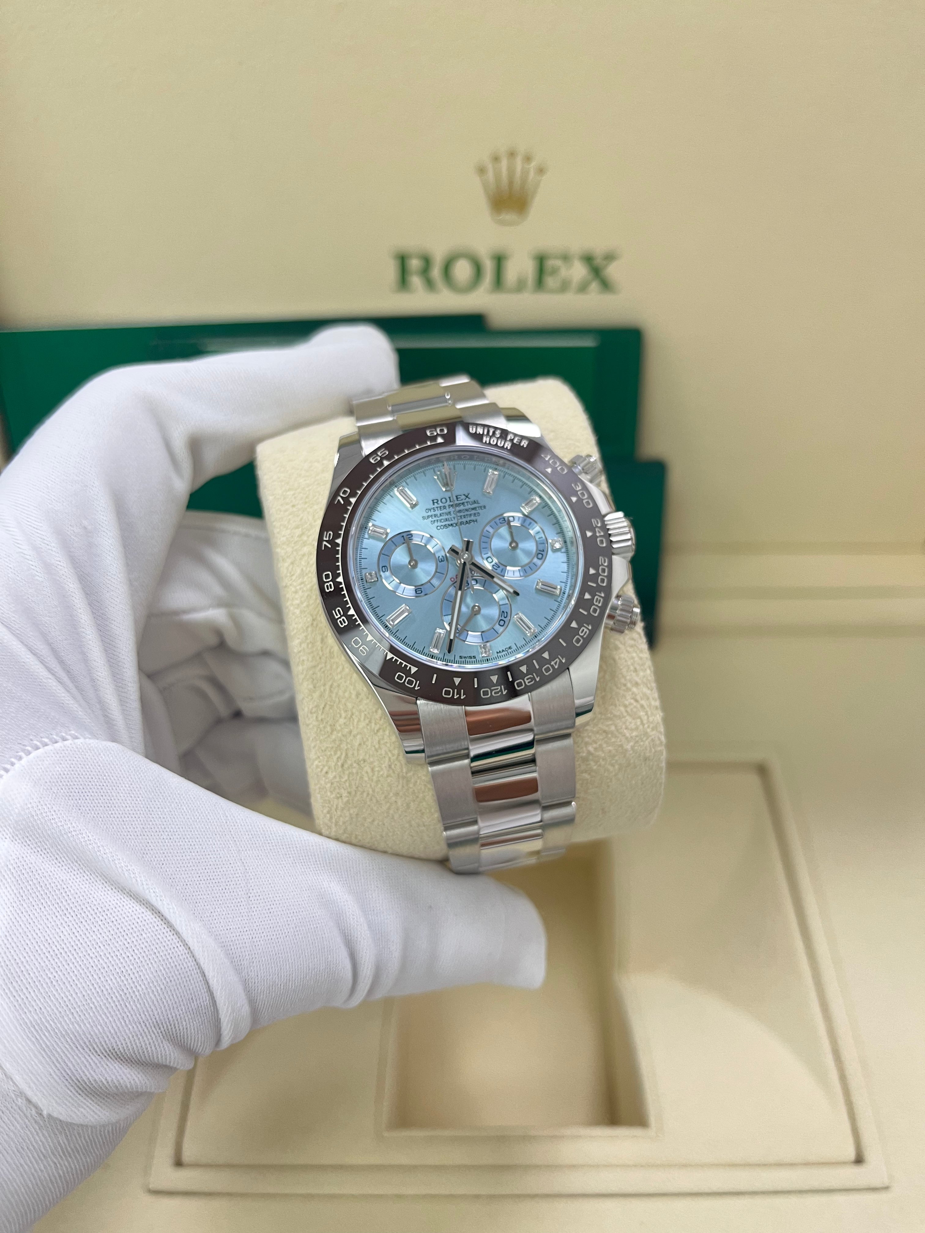Rolex Daytona Platinum 40mm Ice Blue Diamond Baguette Dial Watch (Ref #116506) - Luxury Men's Chronograph for Special Occasions & Collectors