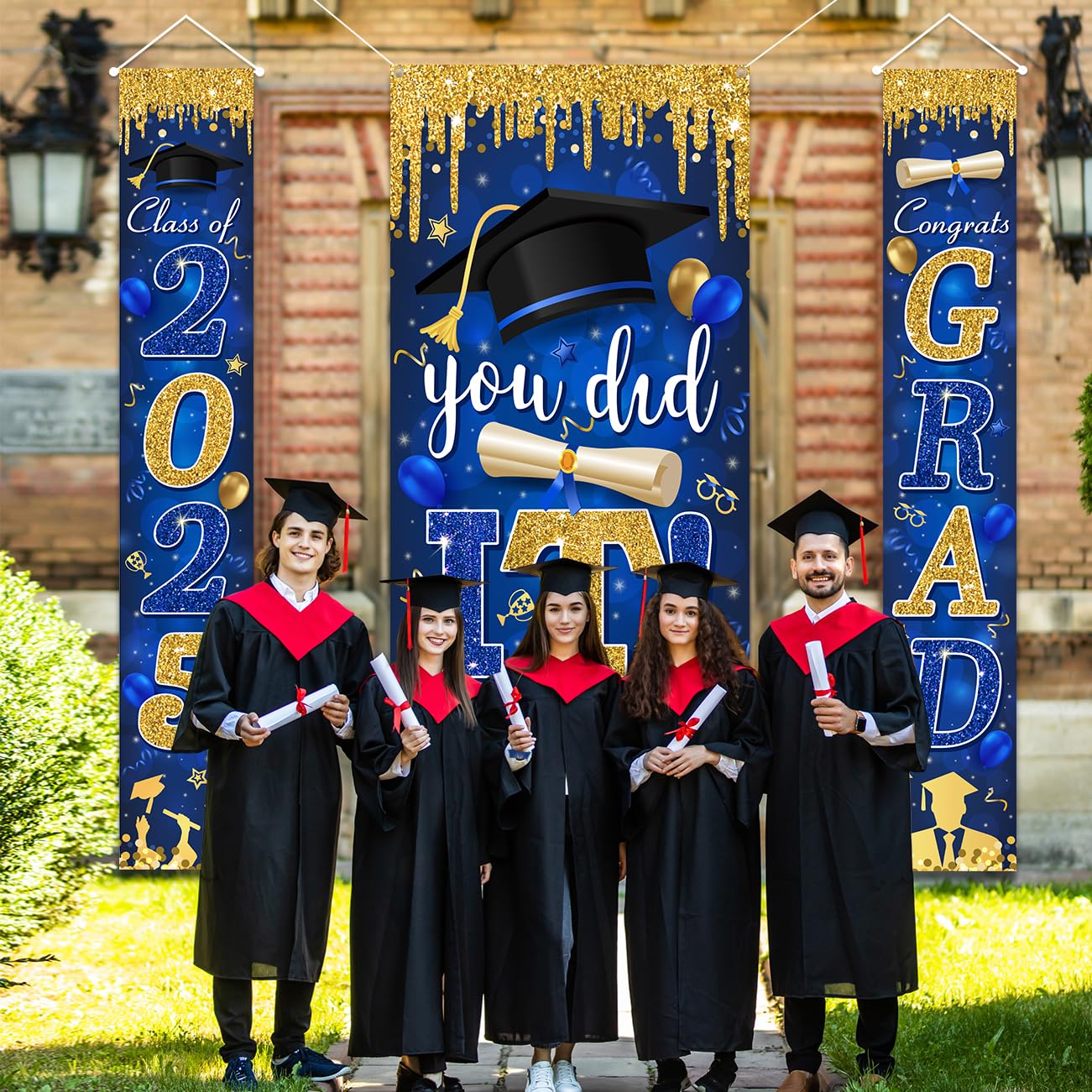 Blue and Gold Graduation Decorations for Class of 2025 - Congrats Grad Banner & You Did It Door Cover - High School & College Party Supplies - Perfect for Graduation Ceremonies, Parties & Photo Backdrops