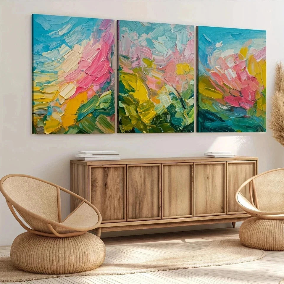 3-Piece Abstract Nature Wall Art Set - Blue, Pink & Yellow Canvas Prints (50x70cm) | High-Quality Framed & Ready to Hang | Australian Made | Perfect for Living Room, Bedroom & Office Decor
