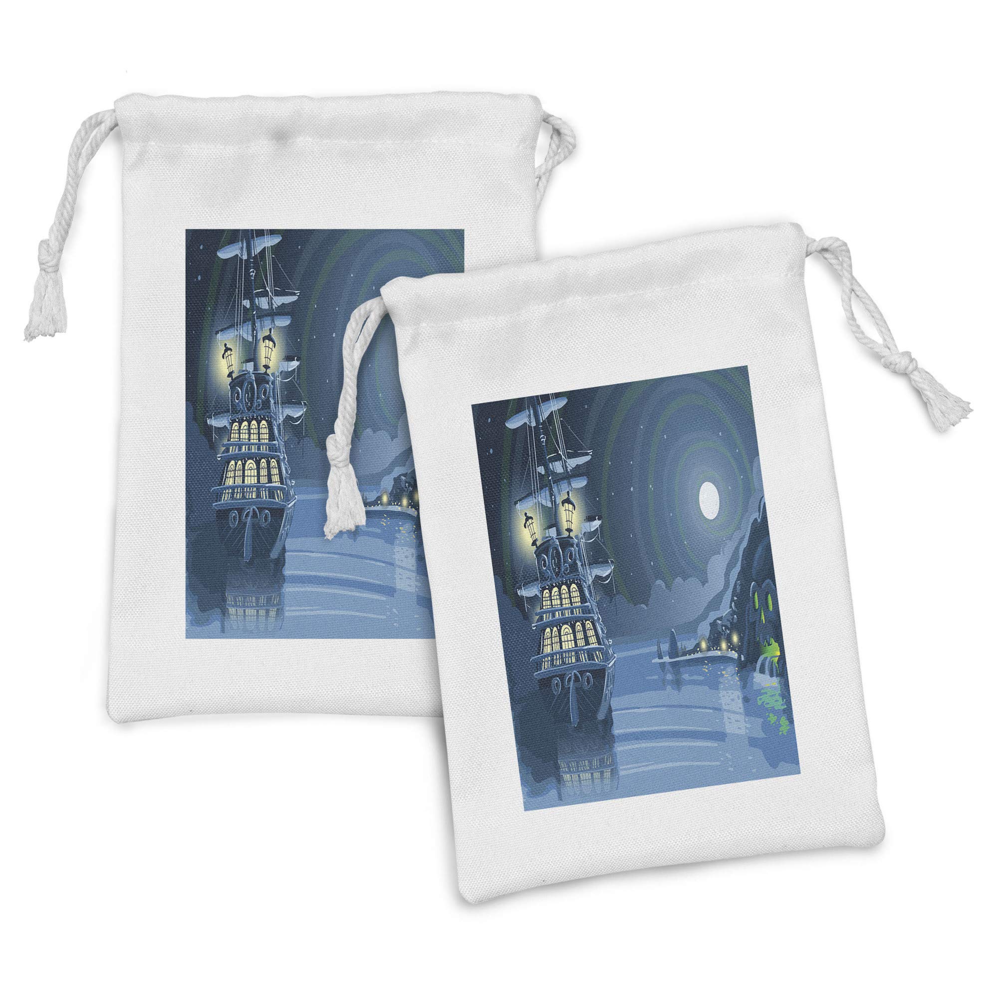 Ambesonne 2-Pack Nautical Fabric Drawstring Pouches - Pirate Ship & Moon Design, 9