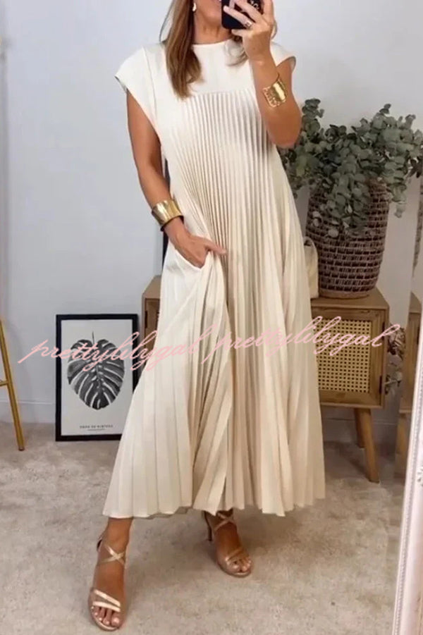 Elegant Solid Color Round Neck Sleeveless Pleated Maxi Dress with Flowy Hem - Perfect for Summer Beach Vacations, Garden Parties & Casual Outings