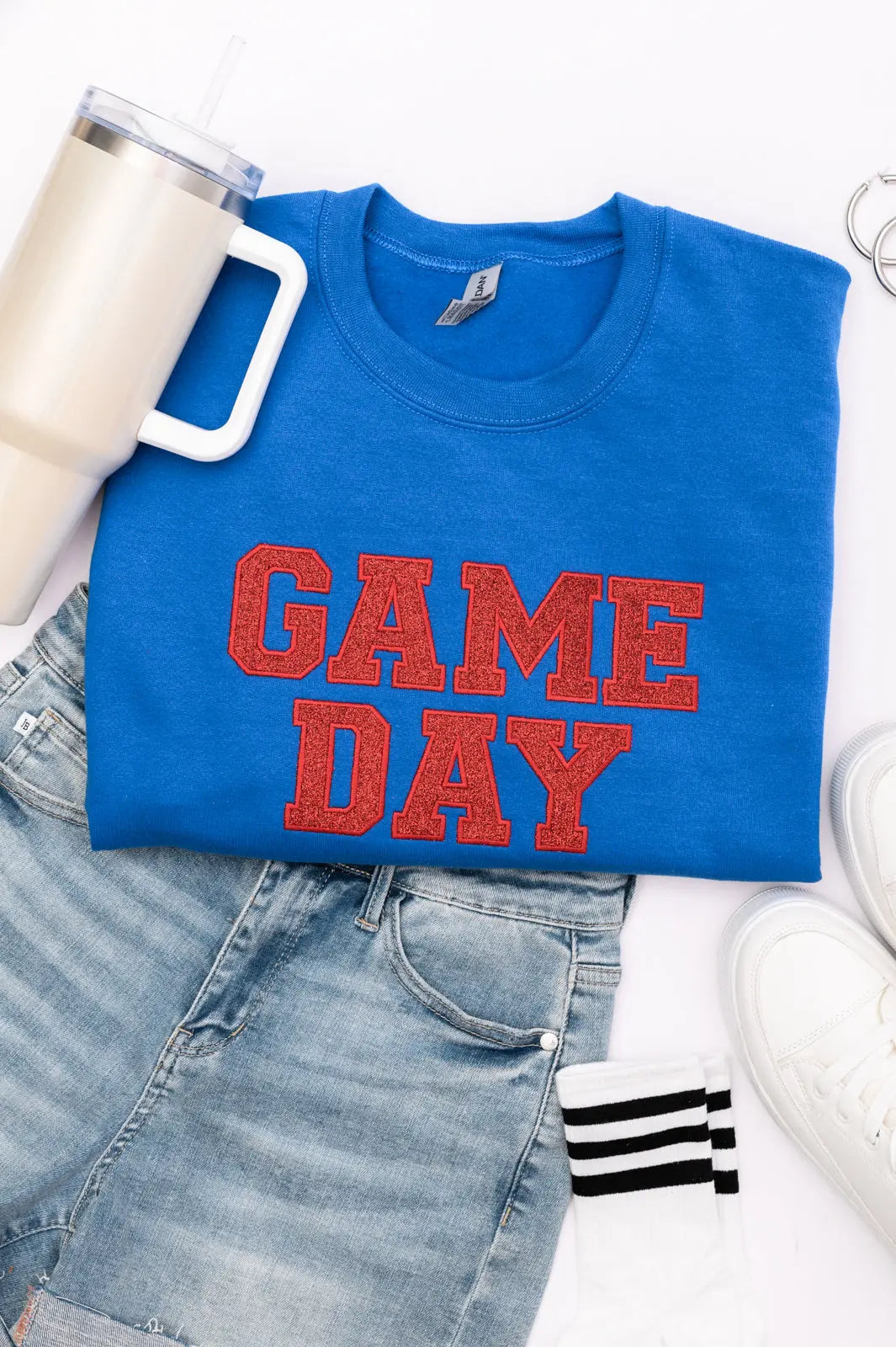 PREORDER: Embroidered Glitter Game Day Sweatshirt - Royal Blue & Red - Perfect for Football Tailgates, College Parties & Sports Fan Apparel