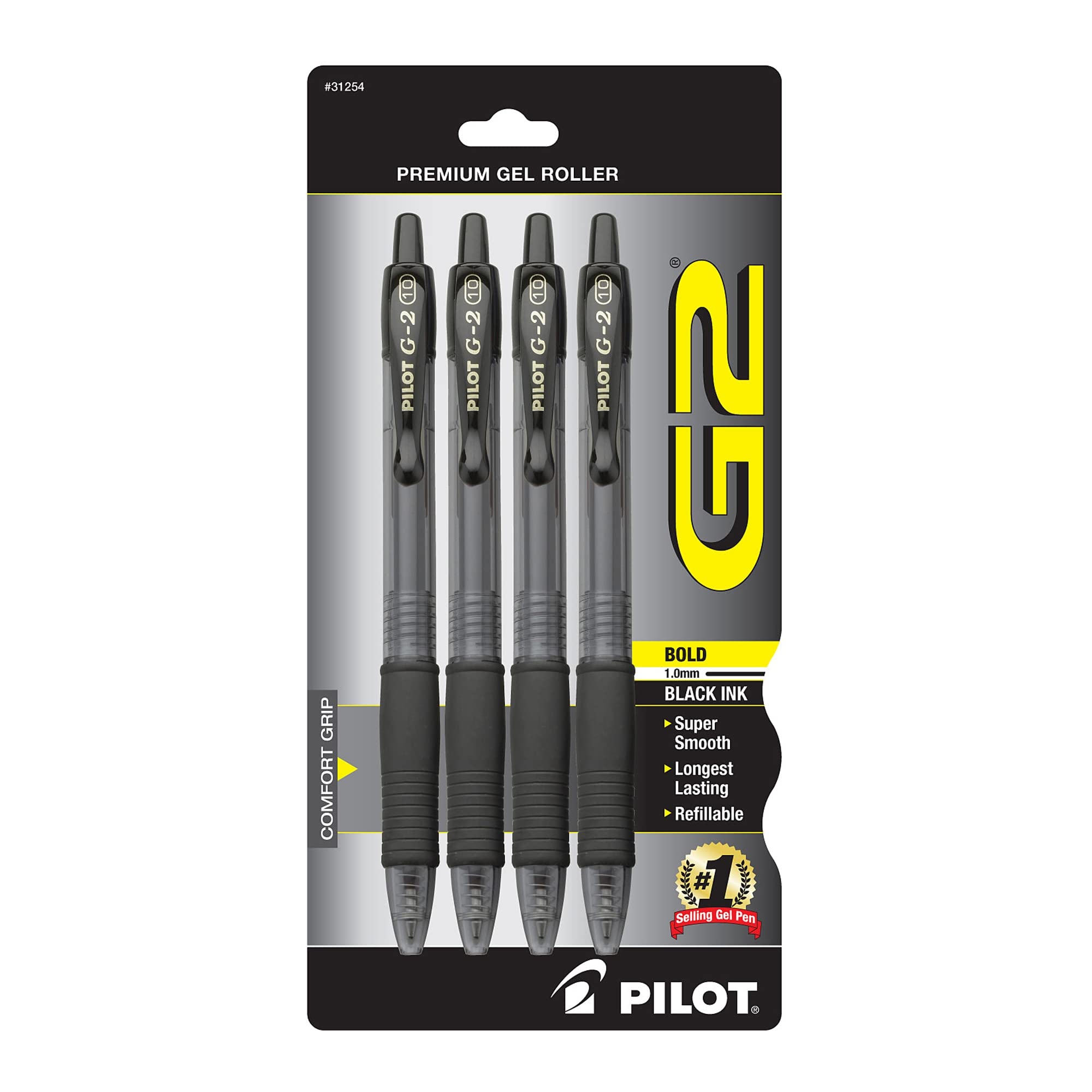 Pilot G2 Premium Gel Roller Pens - 1mm Bold Point Black Ink (4-Pack) - Perfect for Office, School, Note Taking & Journaling