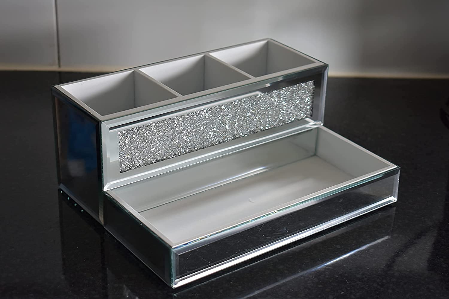 Biznest Crystal Glamour Beauty Box - Diamond Jewel Mirror Makeup Brush Organizer (25x20x10cm) | Perfect for Vanity Table, Travel & Gift | Cosmetic Storage Case for Brushes, Jewelry & Makeup Accessories