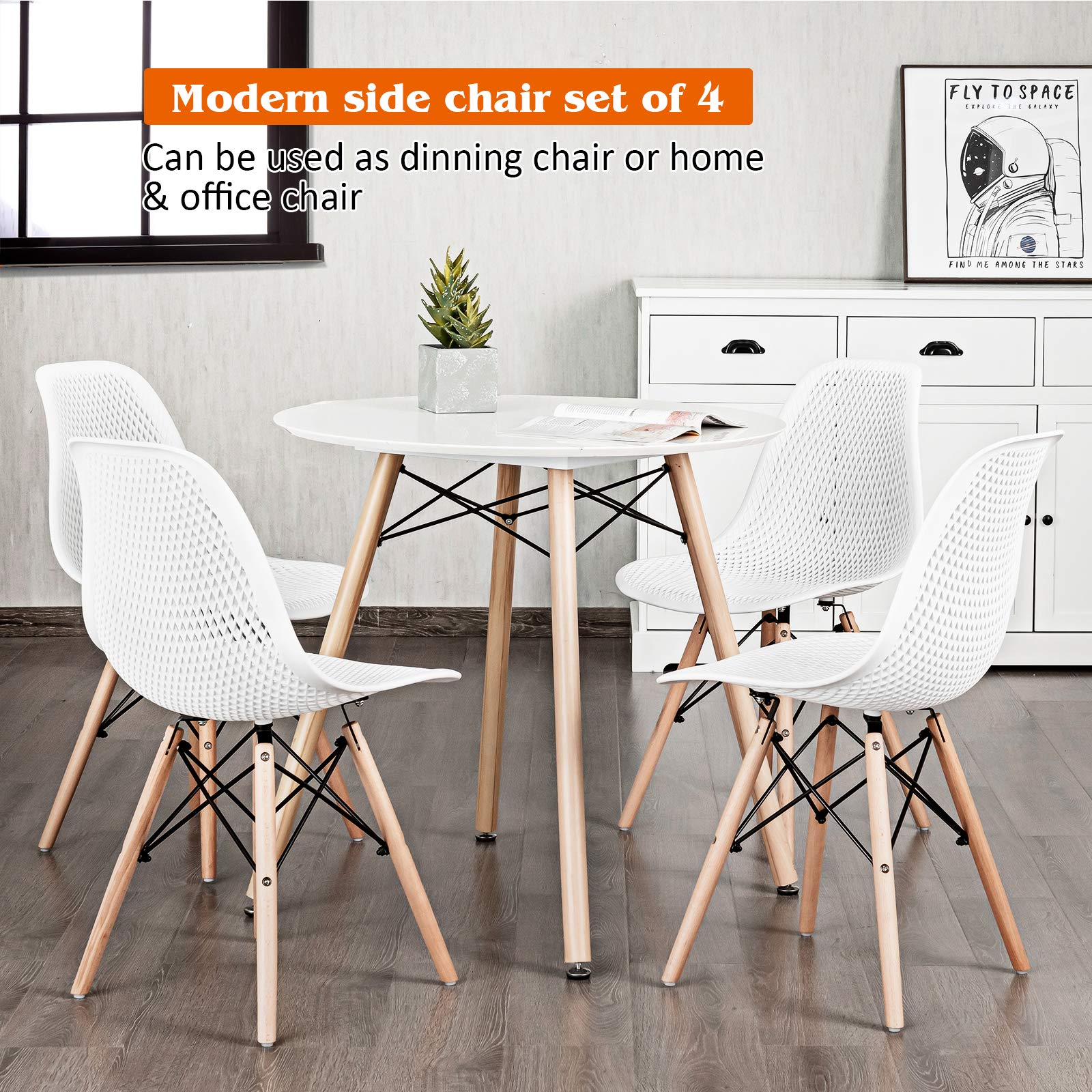 Giantex Set of 4 Modern Dining Chairs - Indoor/Outdoor Shell PP Lounge Side Chairs with Breathable Mesh Design & Sturdy Beech Wood Legs, Tulip-Style Leisure Chairs for Kitchen, Dining Room, Patio, or Office - White