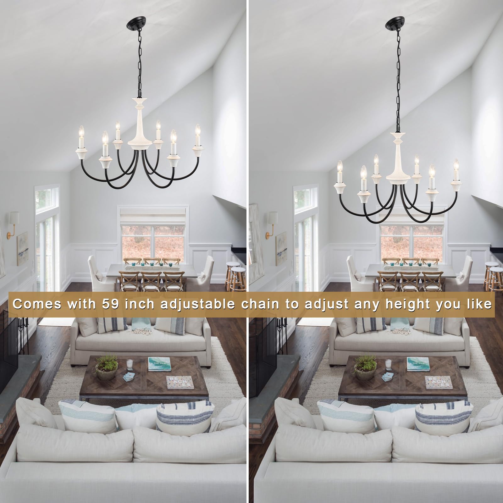 Distressed White & Black 6-Light French Country Farmhouse Chandelier - Rustic Dining Room Lighting Fixture, Industrial Candle Pendant Light for Kitchen, Living Room, Bedroom | Perfect for Farmhouse Decor, Wedding Centerpiece & Cozy Home Ambiance