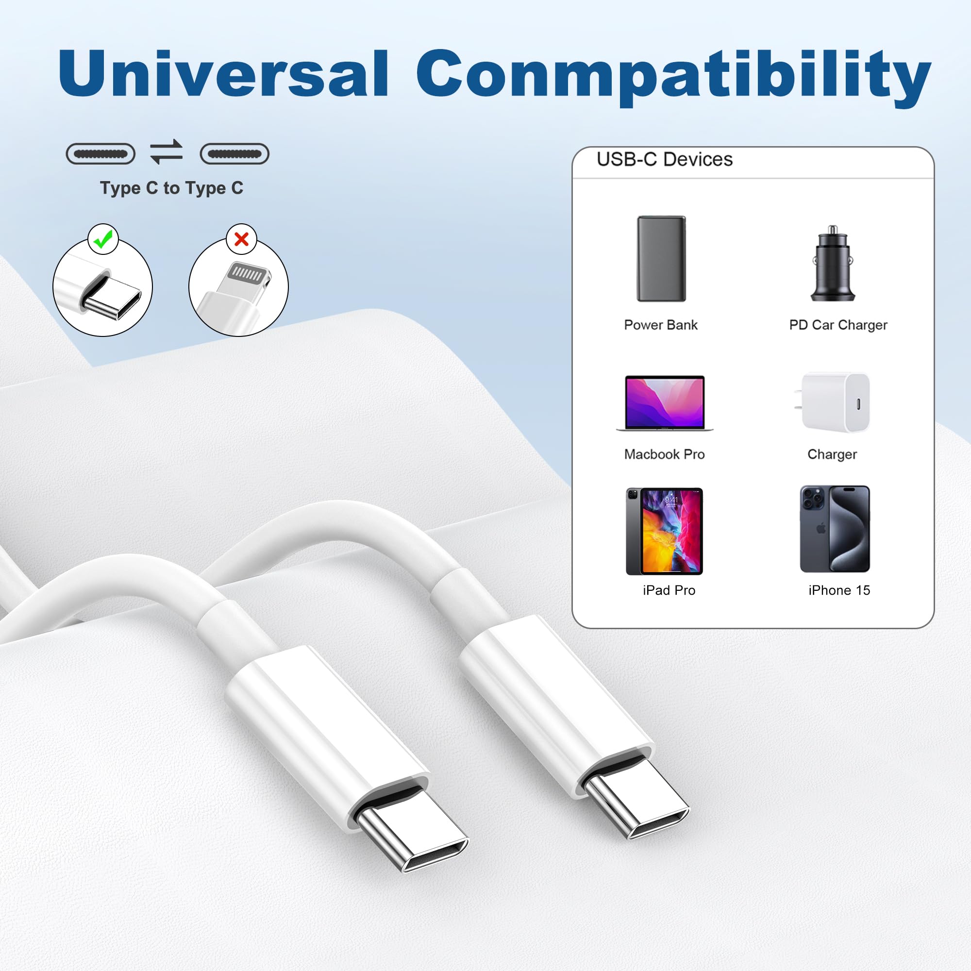 5-Pack 60W USB C to USB C Fast Charging Cable (2M/6.6ft) - Compatible with iPhone 16/15 Series, iPad Pro/Air/Mini, MacBook Air/Pro, Samsung Galaxy & Google Pixel - Perfect for Home, Office & Travel Charging