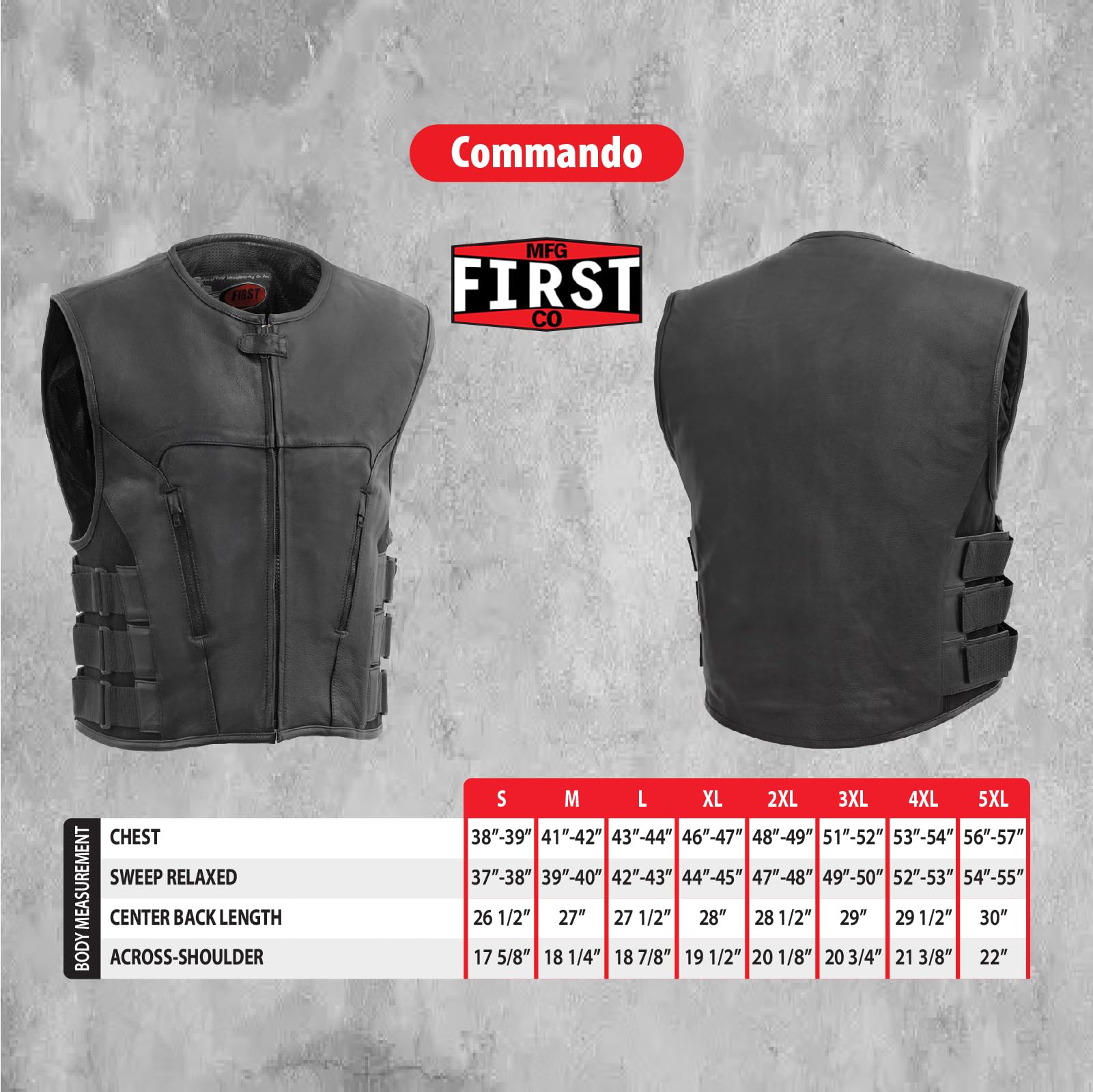 First Mfg Co Commando Men's Motorcycle Biker Leather Vest - Premium Black Riding Vest for Harley Davidson & Cruiser Bikers - Perfect for Motorcycle Clubs, Road Trips & Casual Wear
