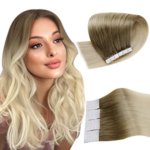 Ombre Blonde Tape in Human Hair Extensions 20Pcs 22Inch 50g - Balayage Light Brown to Bleach Blonde, PU Tape Real Hair Extensions for Volume & Length | Perfect for Parties, Weddings & Daily Styling