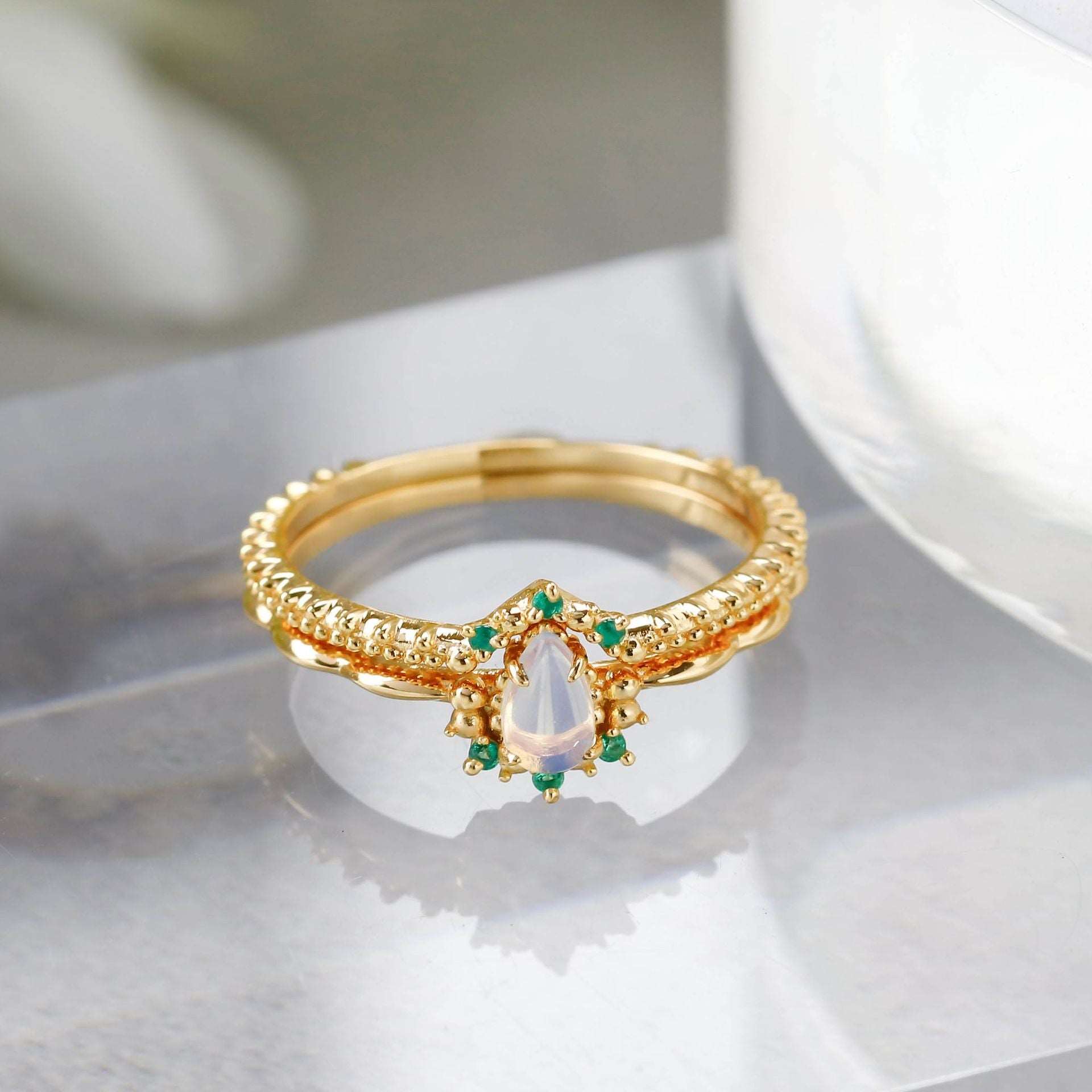 14K Gold Opal Birthstone Curved Ring Set for Women - October Birthstone Jewelry Gift | Elegant Stackable Rings for Anniversary, Birthday & Special Occasions | TB2154