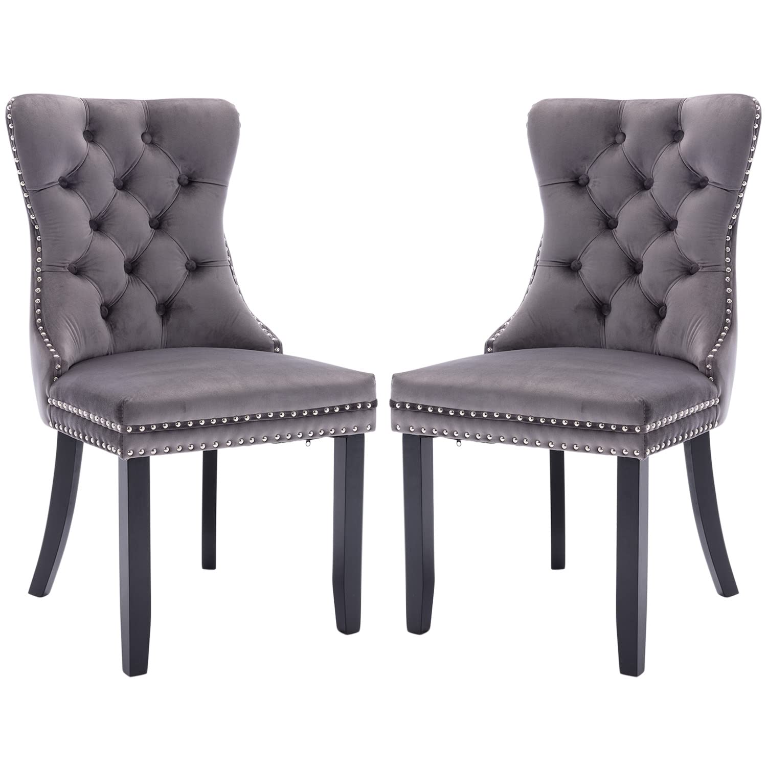 Luxury Velvet Dining Chairs Set of 2 - Tufted Button Back Upholstered Chairs with Nailhead Trim for Kitchen, Bedroom, Restaurant - Elegant Grey Accent Seating for Modern Home Decor & Fine Dining Experience