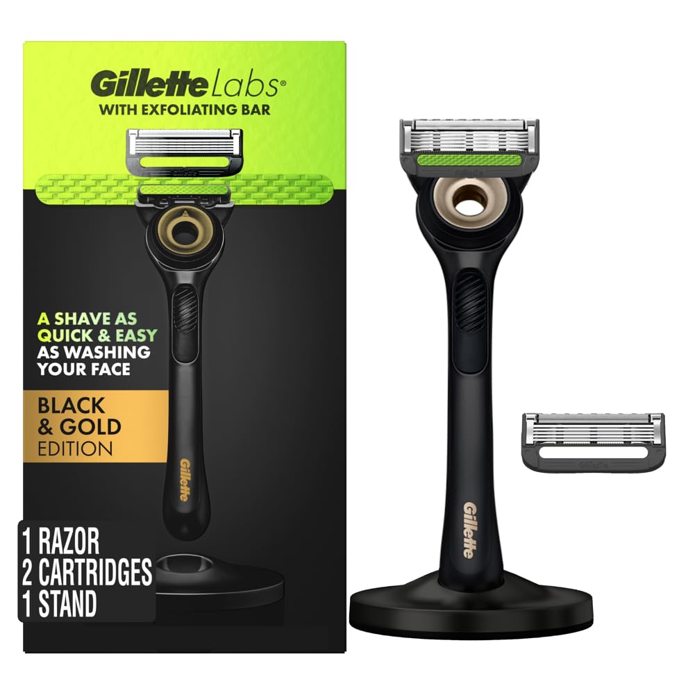 GilletteLabs Exfoliating Razor for Men - Black & Gold Edition with Magnetic Stand | 1 Handle & 2 Blade Refills | Premium Shaving Kit for Sensitive Skin | Perfect Gift for Father's Day & Birthdays