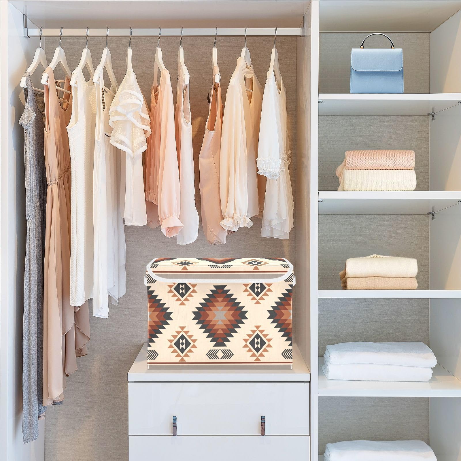 Aztec Style Foldable Fabric Storage Bins with Lids - Brown Ethnic Collapsible Organizer Baskets for Home, Bedroom, Closet & Office Organization | Perfect for Clutter Control & Space Saving Storage