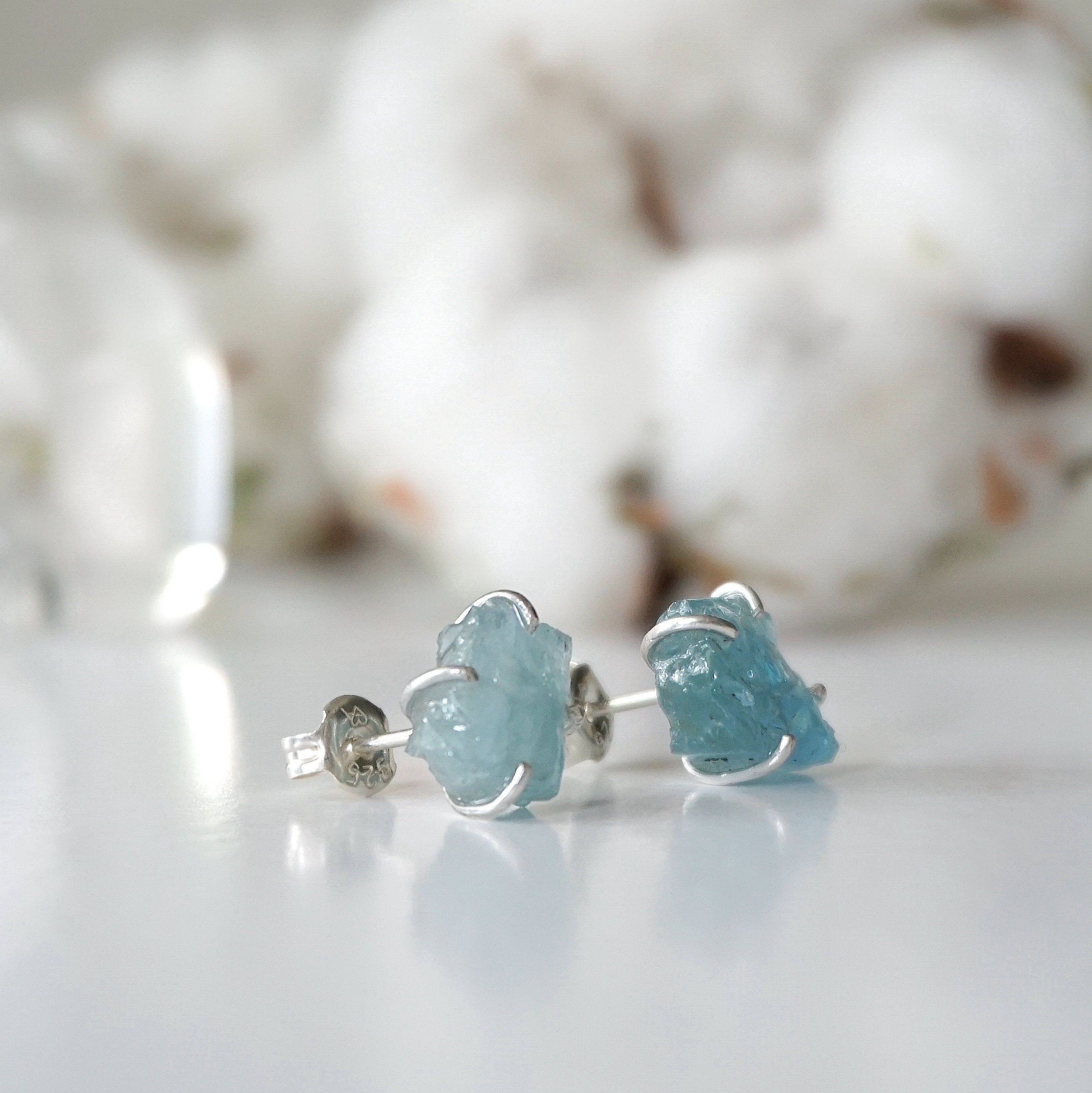 Natural Aquamarine Huggie Stud Earrings - 925 Sterling Silver Jewelry for Women - Perfect for Everyday Wear, Gift Giving & Special Occasions