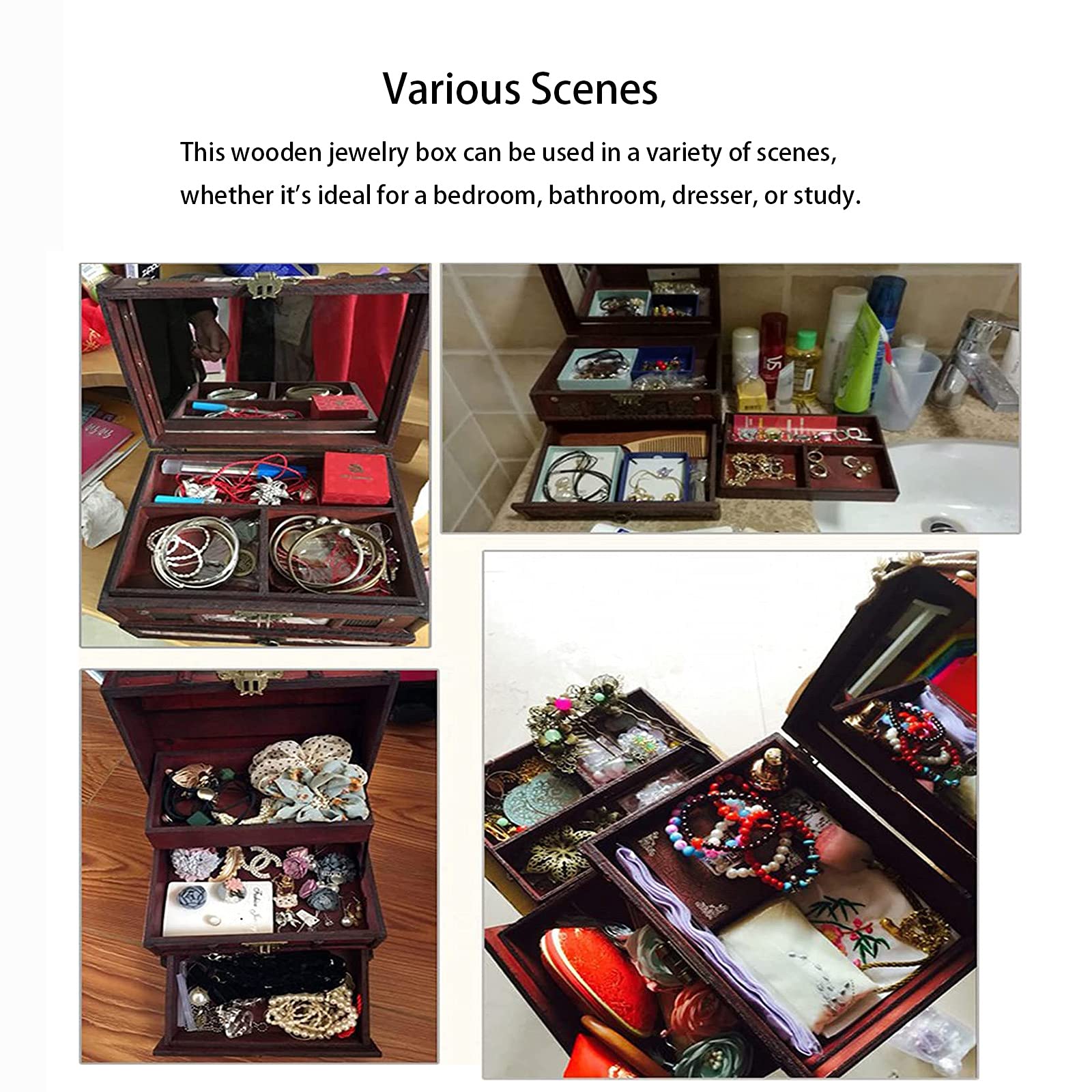 Classic Wooden Jewelry Box with Mirror & Drawer - Handcrafted Jewelry Storage Organizer for Rings, Necklaces, Earrings - Perfect Mother's Day Gift for Women & Girls - Elegant Dresser Top Decor for Bedroom & Vanity