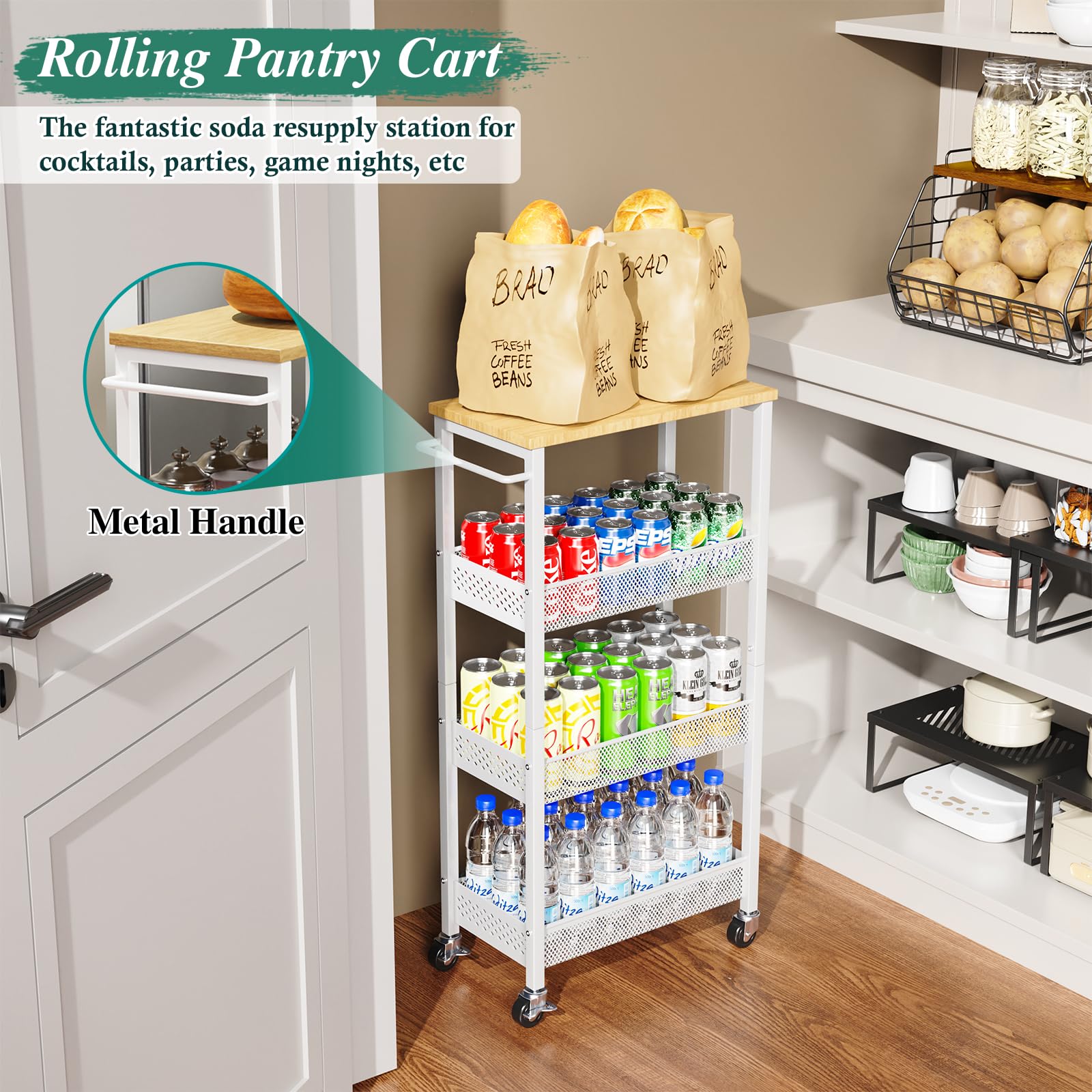 4-Tier Slim Rolling Storage Cart with Wheels - Narrow Metal Bathroom & Kitchen Organizer with Wood Top - Space-Saving Utility Cart for Laundry Room, Small Spaces - Perfect for Bathroom Essentials, Kitchen Supplies & Home Organization