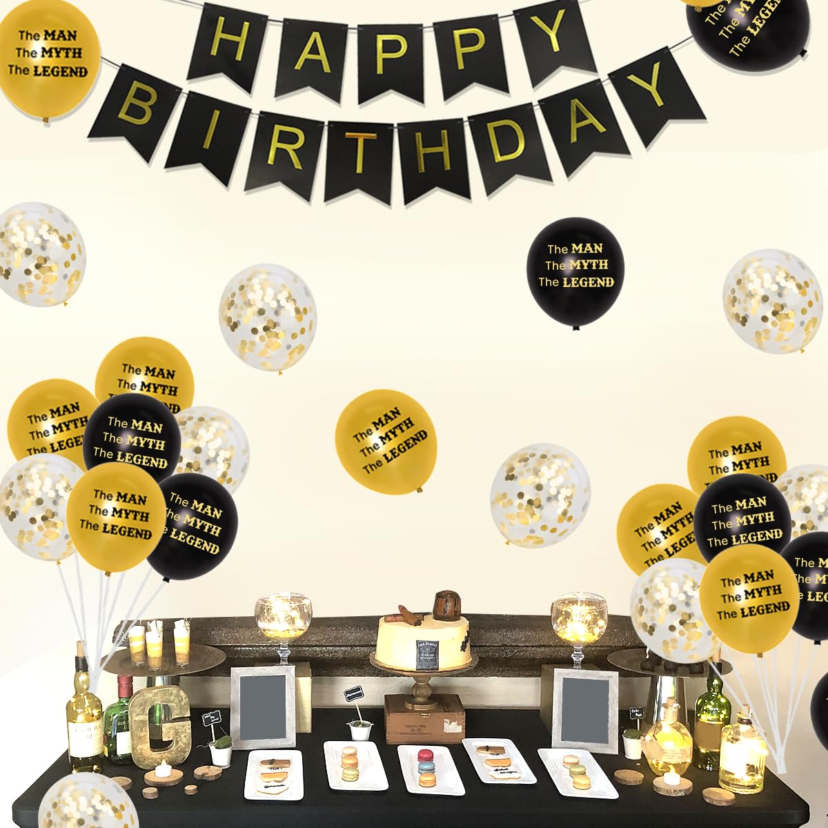 The Man The Myth The Legend Birthday Party Decorations Set - Black & Gold Banner, Cake Topper & Balloons for Men's Birthday, Father's Day or Whiskey Themed Retirement Party | Perfect for Home, Office & Bar Celebrations