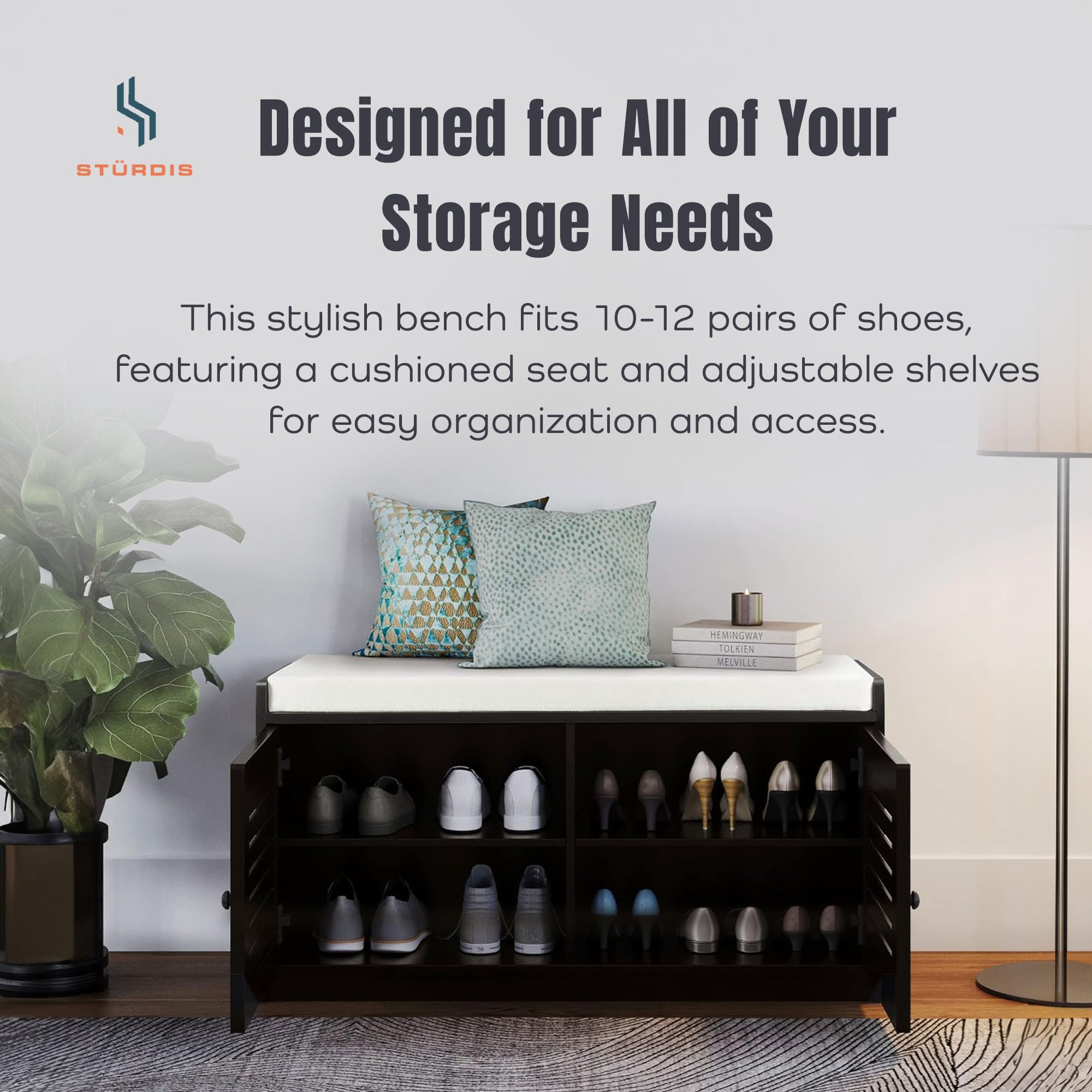 Wooden Shoe Storage Bench with Cushion & Adjustable Shelves - Entryway Organizer for Shoes, Boots & Accessories - Espresso Finish Living Room, Bedroom & Hallway Furniture for Home Decor