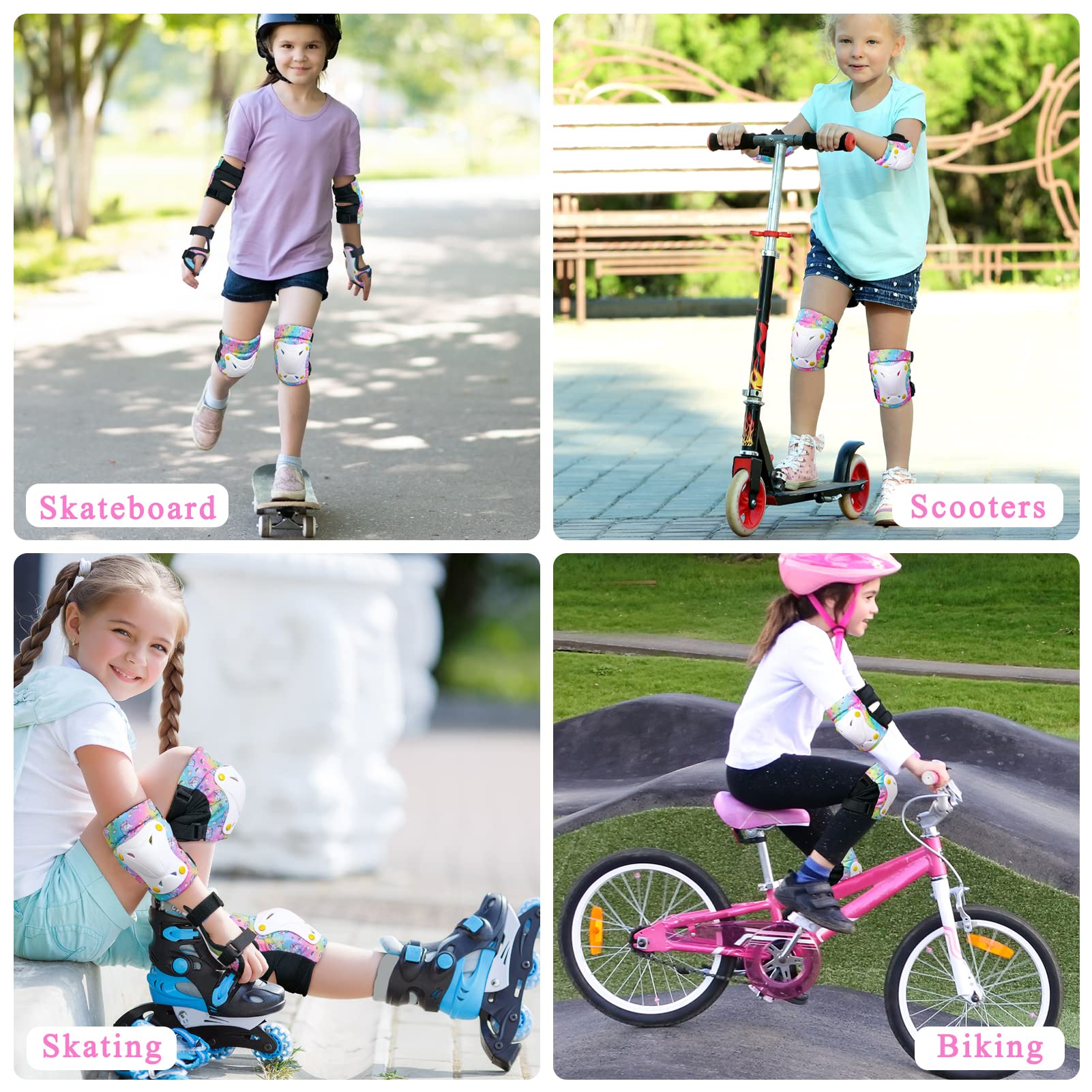 FIODAY Kids Knee Pads & Elbow Pads Set with Wrist Guards - Adjustable Protective Gear for Toddlers 9-15 Years (Rainbow) - Perfect for Skating, Cycling, Skateboard & Scooter - Includes Drawstring Bag for Easy Storage