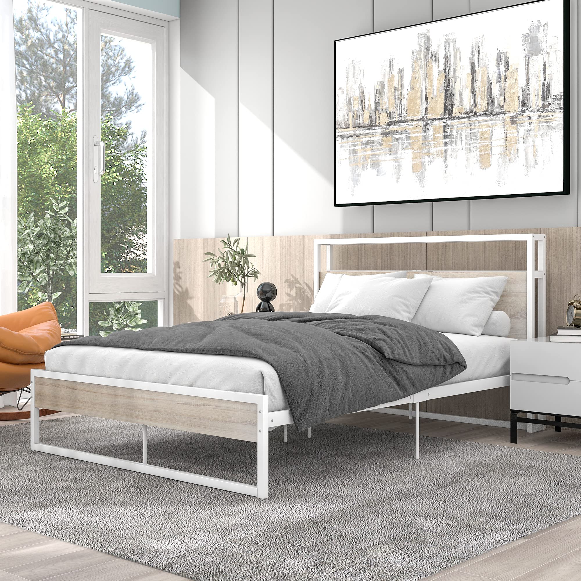 Full Size Platform Bed Frame with USB Ports & Outlets - Modern Metal Bed with Storage Drawers, Sturdy Slat Support & Center Legs - No Box Spring Needed (White) - Perfect for Small Spaces, Apartments & Modern Bedrooms