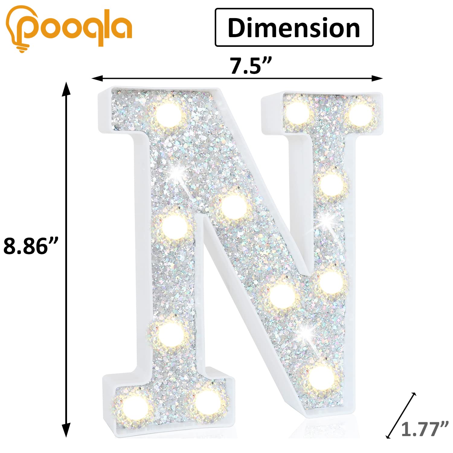 Pooqla LED Marquee Letter Lights - Silver Glitter Alphabet Sign with Battery Power for Night Light, Birthday Party, Wedding, Home Bar & Christmas Decor - Perfect for Girls Gifts & Room Decoration (Letter N)