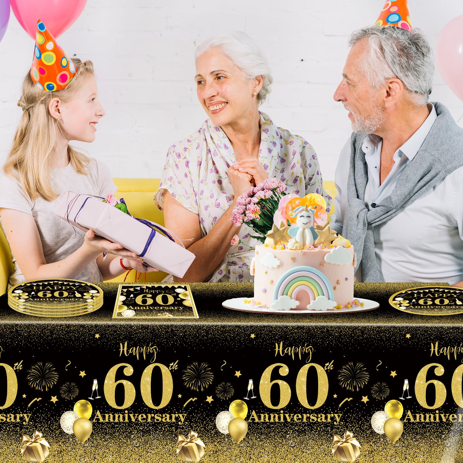 60th Wedding Anniversary Decorations Set - 41 PCS Black & Gold Party Supplies with Plates, Napkins, Tablecloth - Diamond Anniversary Party Favors for Men & Women - Perfect for 60th Birthday Celebrations, Retirement Parties & Milestone Events