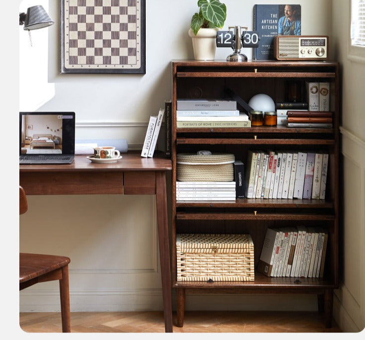 Solid Black Walnut & Oak Wood Glass Flip Door Bookcase - Modern Side Cabinet for Living Room, Office & Bedroom Storage