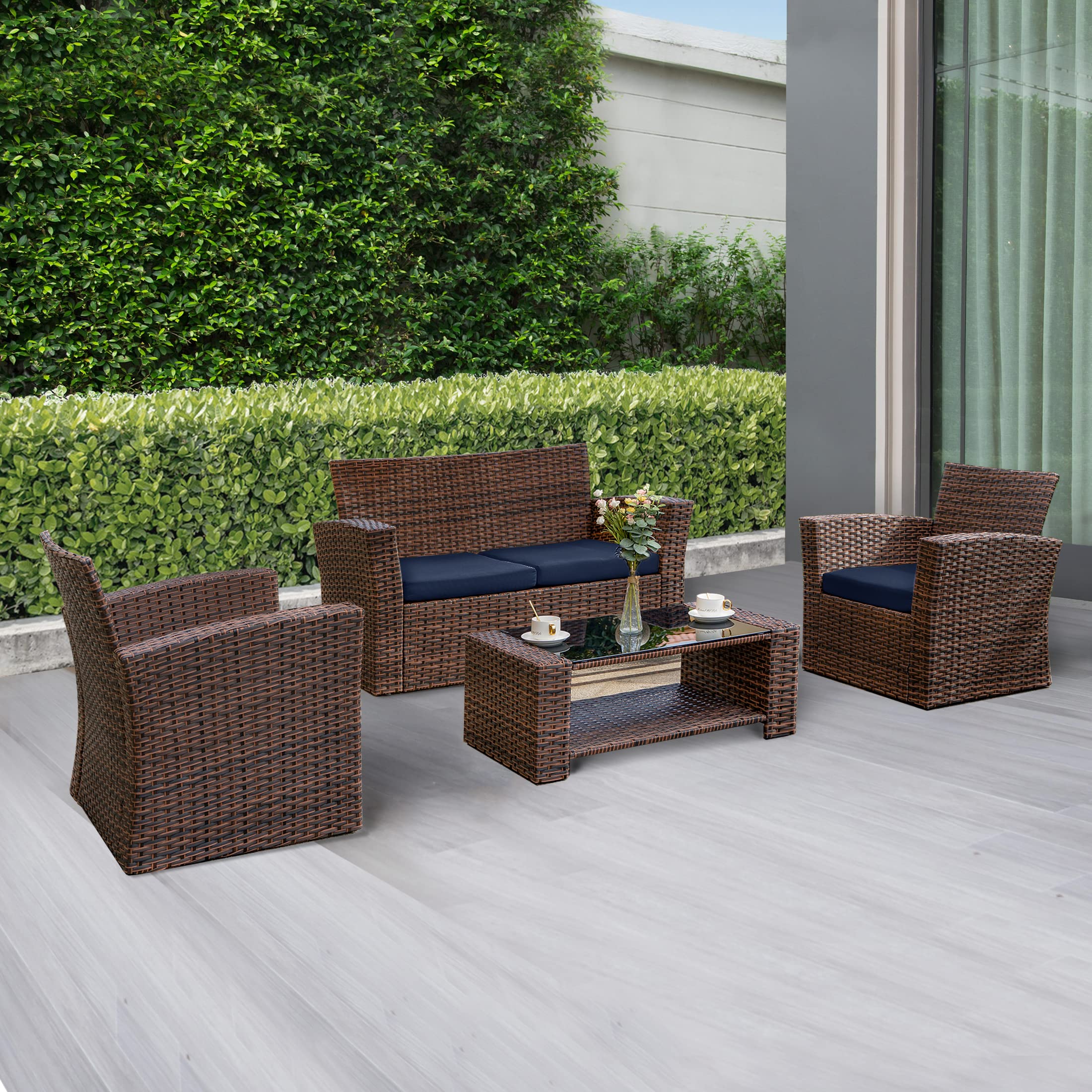 WO Home Furniture 4-Piece Patio Conversation Set - Brown Rattan Wicker Sofa, Chairs & Coffee Table with Navy Blue Pillow Cushions - Outdoor Garden, Backyard, Poolside Lounge Furniture Set for Relaxing & Entertaining