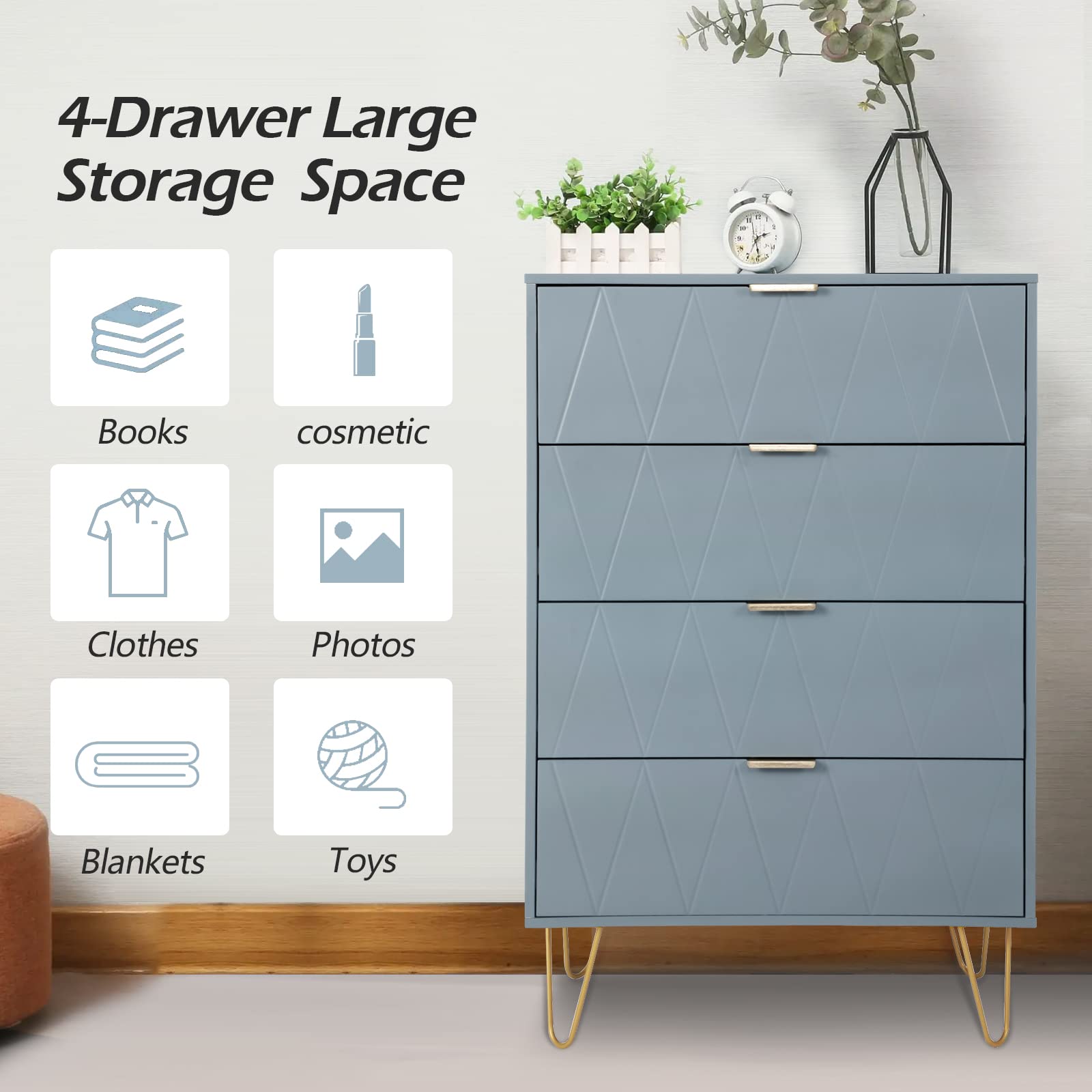 Anbuy 4-Drawer Dresser with Metal Legs - Tall Storage Cabinet Organizer for Bedroom, Living Room & Closet - Blue Set of 2 - Perfect for Small Spaces & Apartment Organization