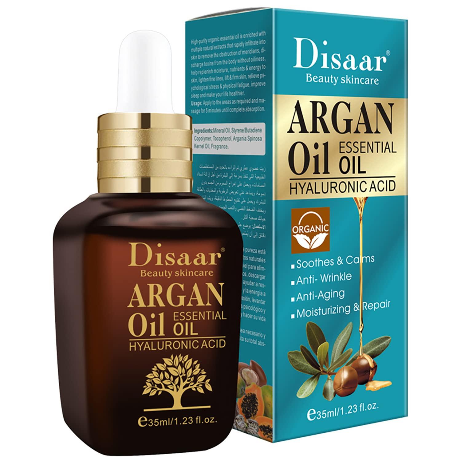 Pure Moroccan Argan Oil with Hyaluronic Acid - Anti-Aging, Anti-Wrinkle, Moisturizing & Repairing Facial Serum (35ml/1.23oz) - For Dry Skin, Night Care & Daily Hydration