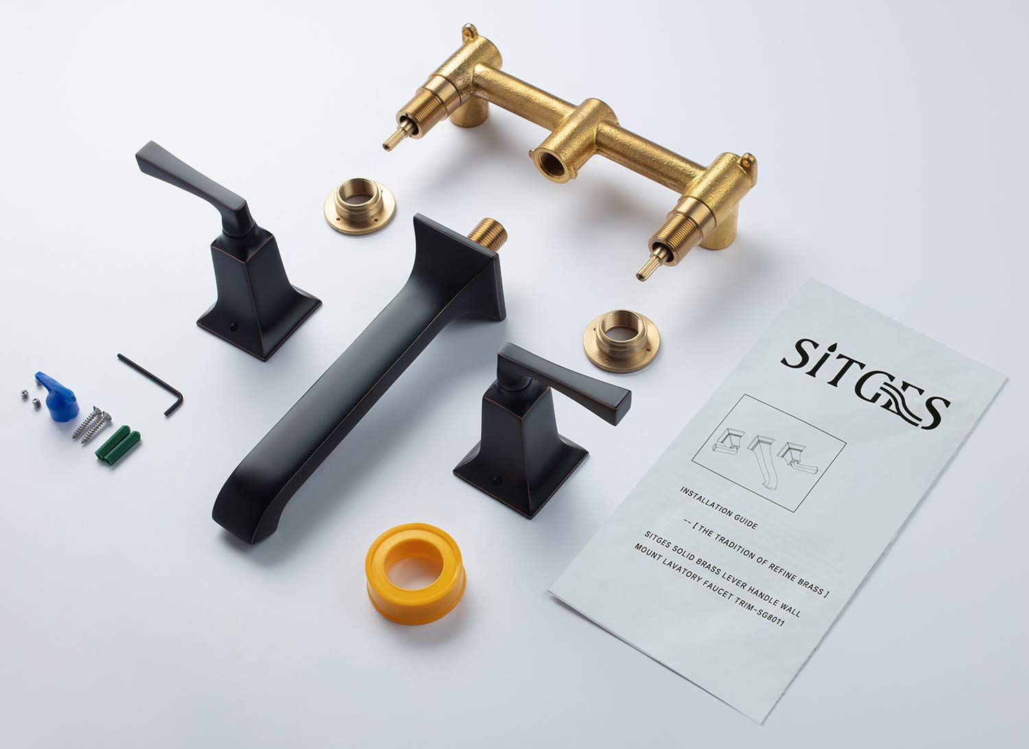 SITGES Heavy Duty Brass Wall Mount Bathroom Faucet with Metal Lever Handles - Oil Rubbed Bronze Finish - Includes Rough-in Valve | Perfect for Modern Bathrooms, Powder Rooms & Spa Retreats